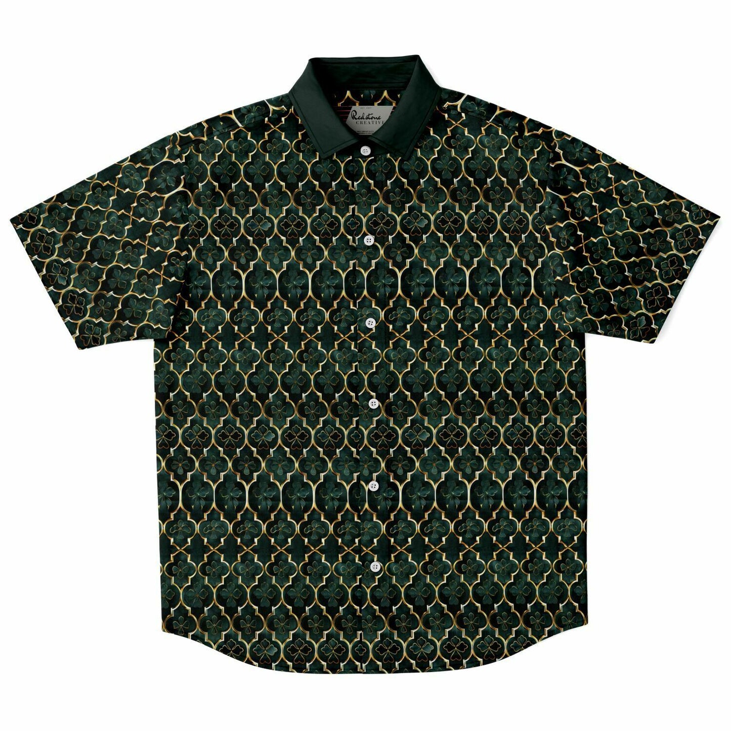 Emerald Elegance: Clover Mosaic Short Sleeve Button Down Shirt, Irish Themed Mens Patterned Dress Shirt