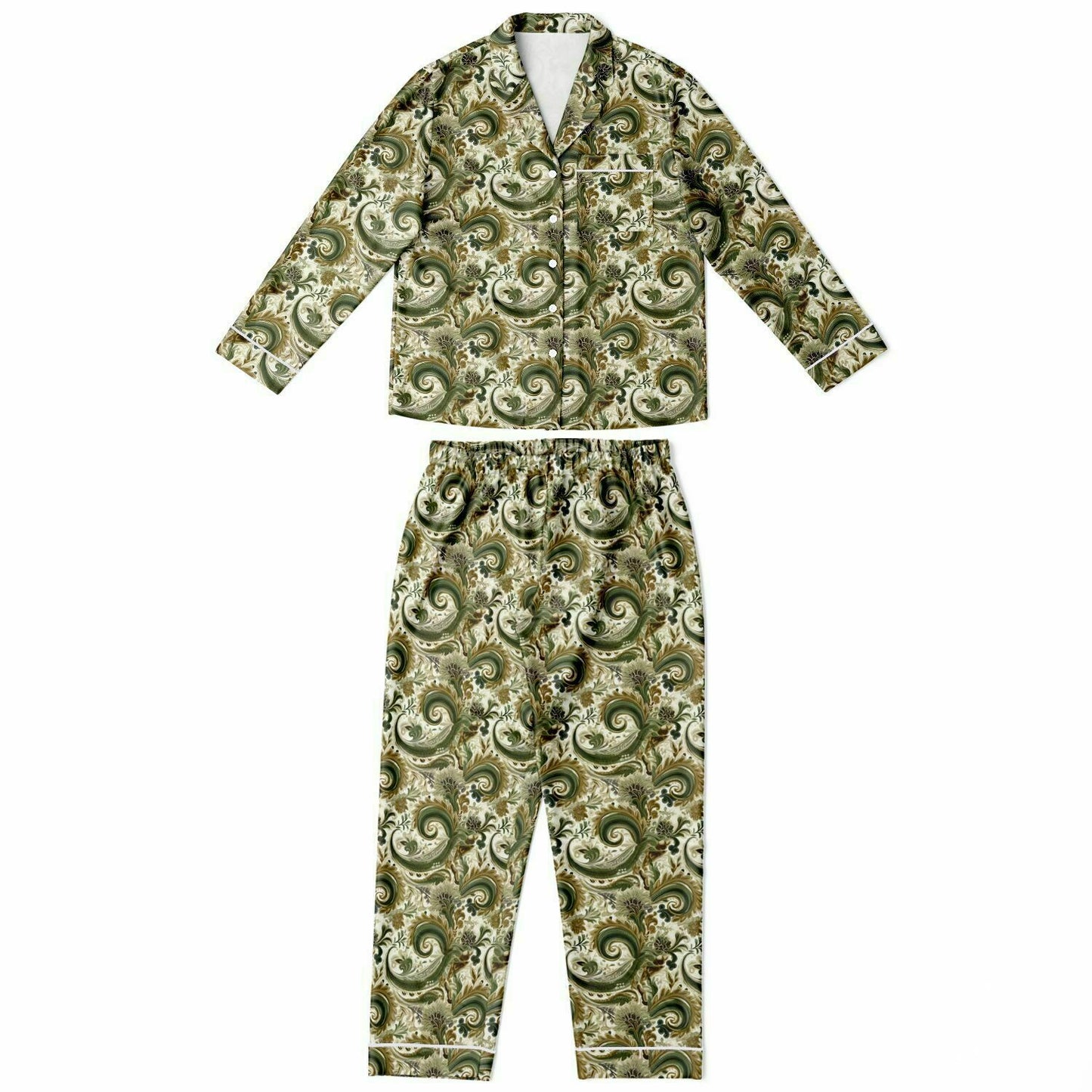 Green & Tan Paisley Print Women's Satin Pajama Set | Green Bandana Print Loungewear | Paisley Print Luxury Night Wear