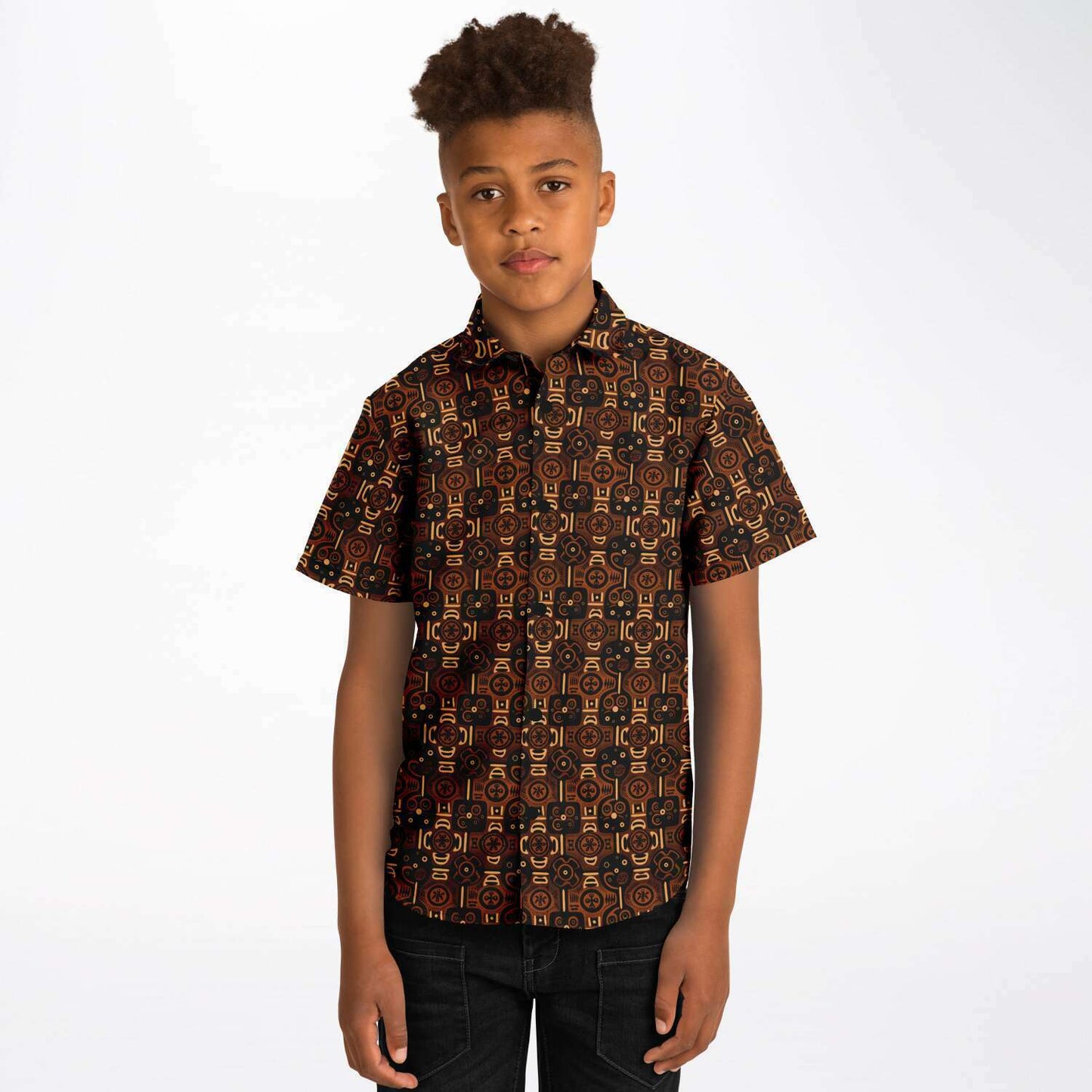 Brown African Wax Print Boys Button Down Shirt | Youth Ethnic Print Dressy Shirt