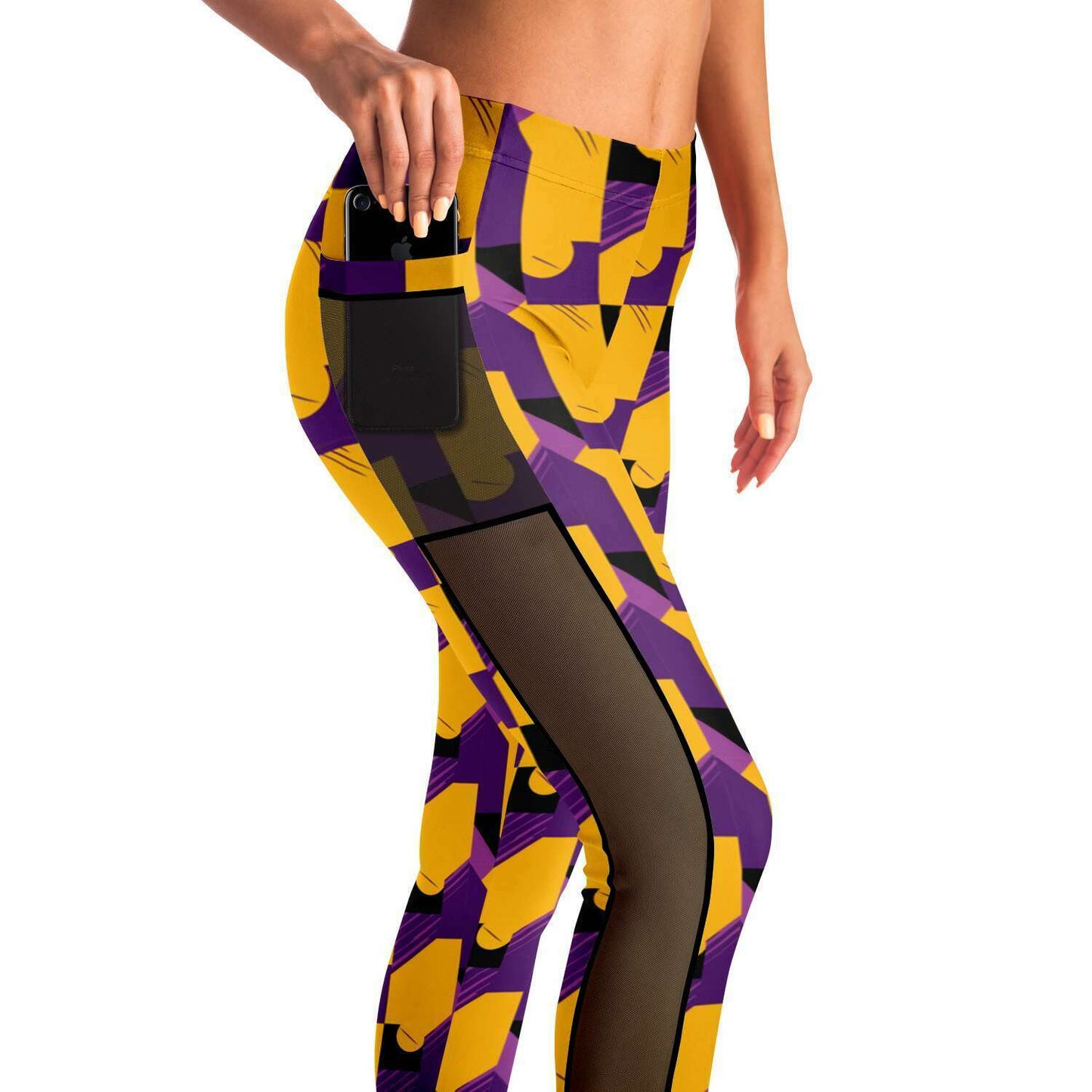 Purple & Gold Abstract Print Luxury Leggings With Pockets, Laker Fan Color Sexy Ladies Workout Wear