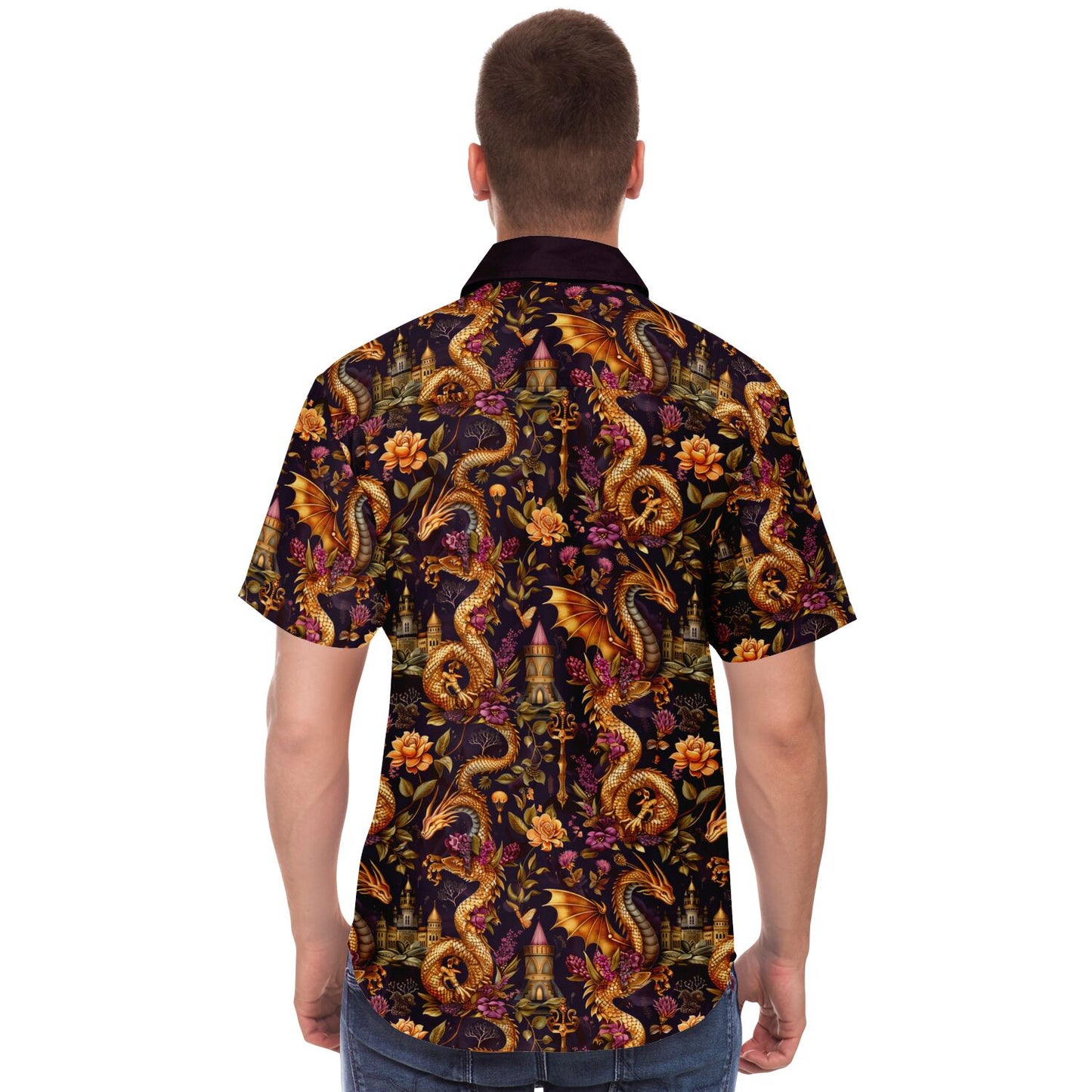 Fantasy-Themed Dragon Print Men's Short Sleeve Button Down Shirt, Gold and Purple Design