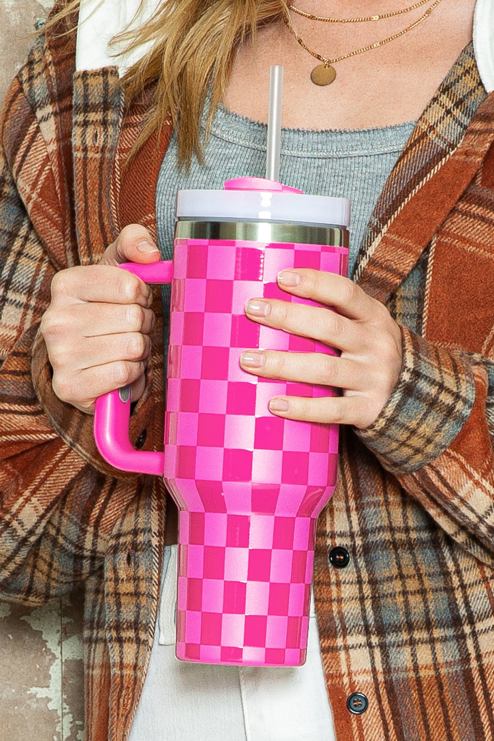 Bright Pink Checkered Print 40oz Stainless Steel Tumbler Cup with Handle - Durable & Temperature Retaining