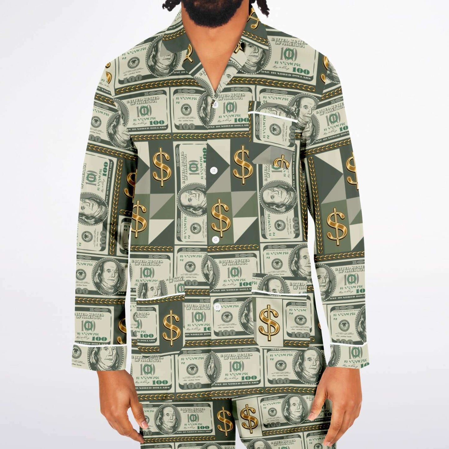 Money Manifestation Satin Luxury Pajamas for Men, Plus Size Money Print Mens Loungewear