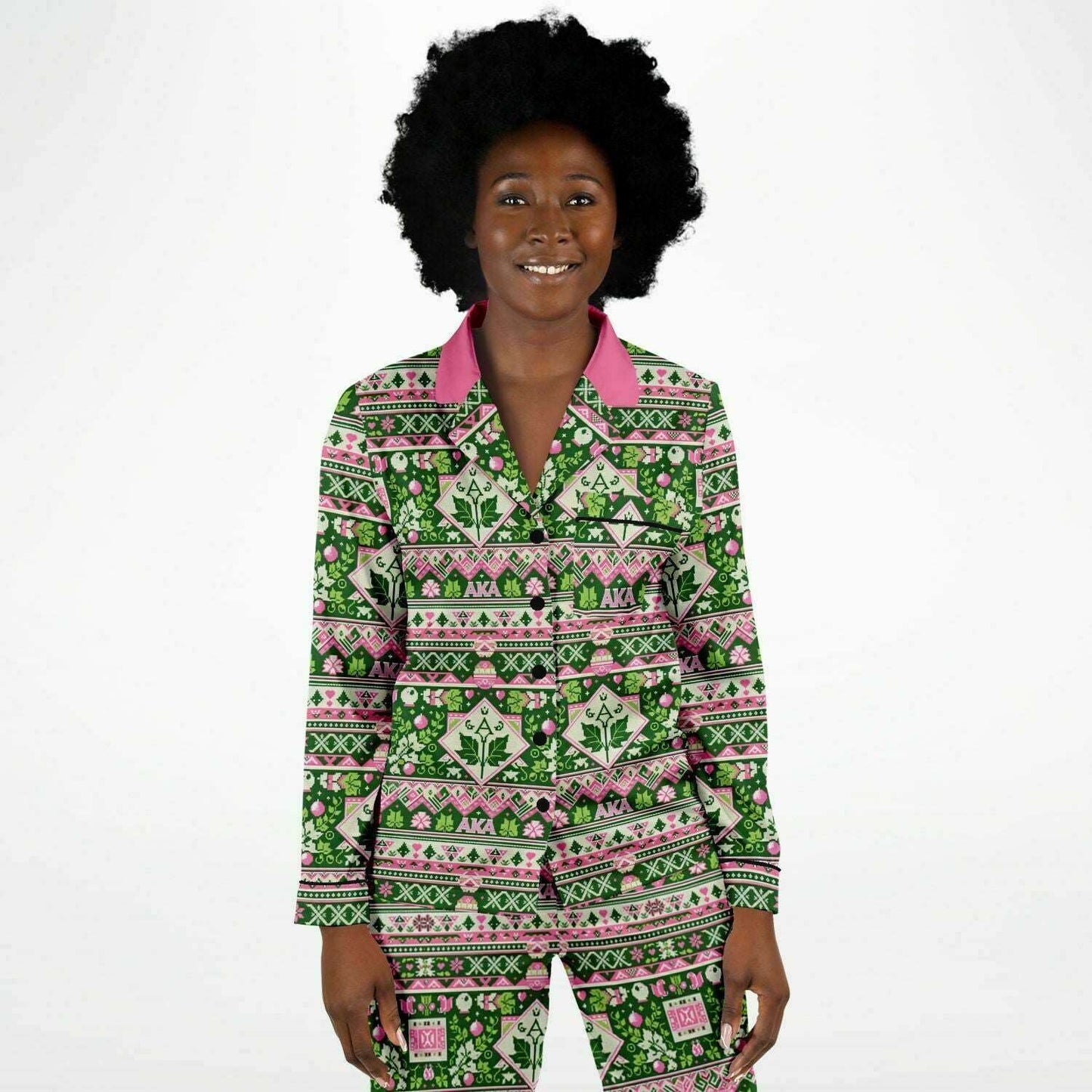 AKA Sorority Pink and Green Women's Satin Pajamas, AKA Themed Women's Holiday Themed 2 Piece Pajamas