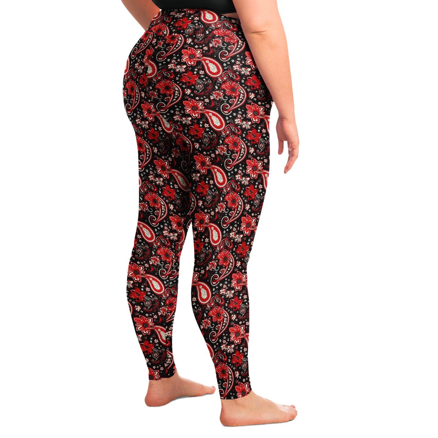 Red & Black Paisley Print Plus Size 2XL - 6XL Leggings, Red Bandana Print Curvy Yoga Pants