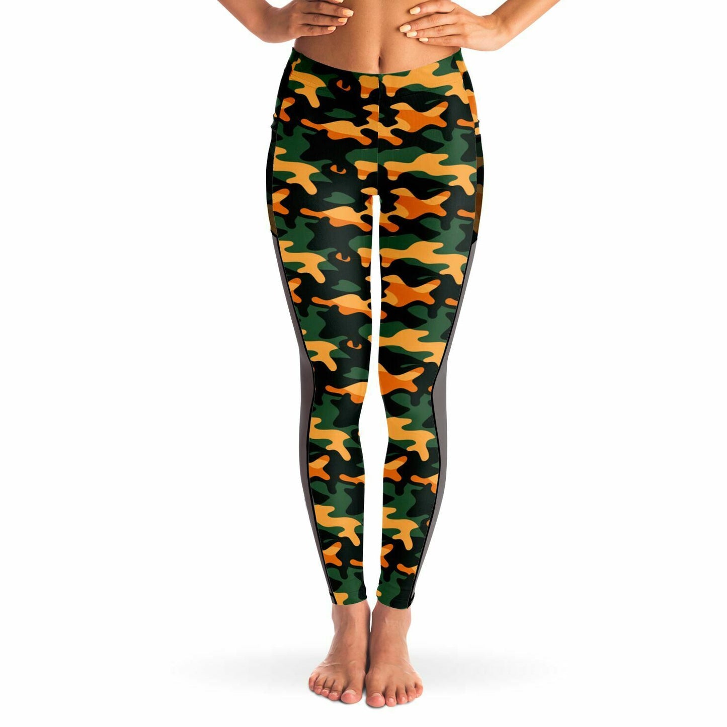 Urban Jungle Camo Women's Mesh Pocket Leggings - Trendy Orange and Green Workout Gear