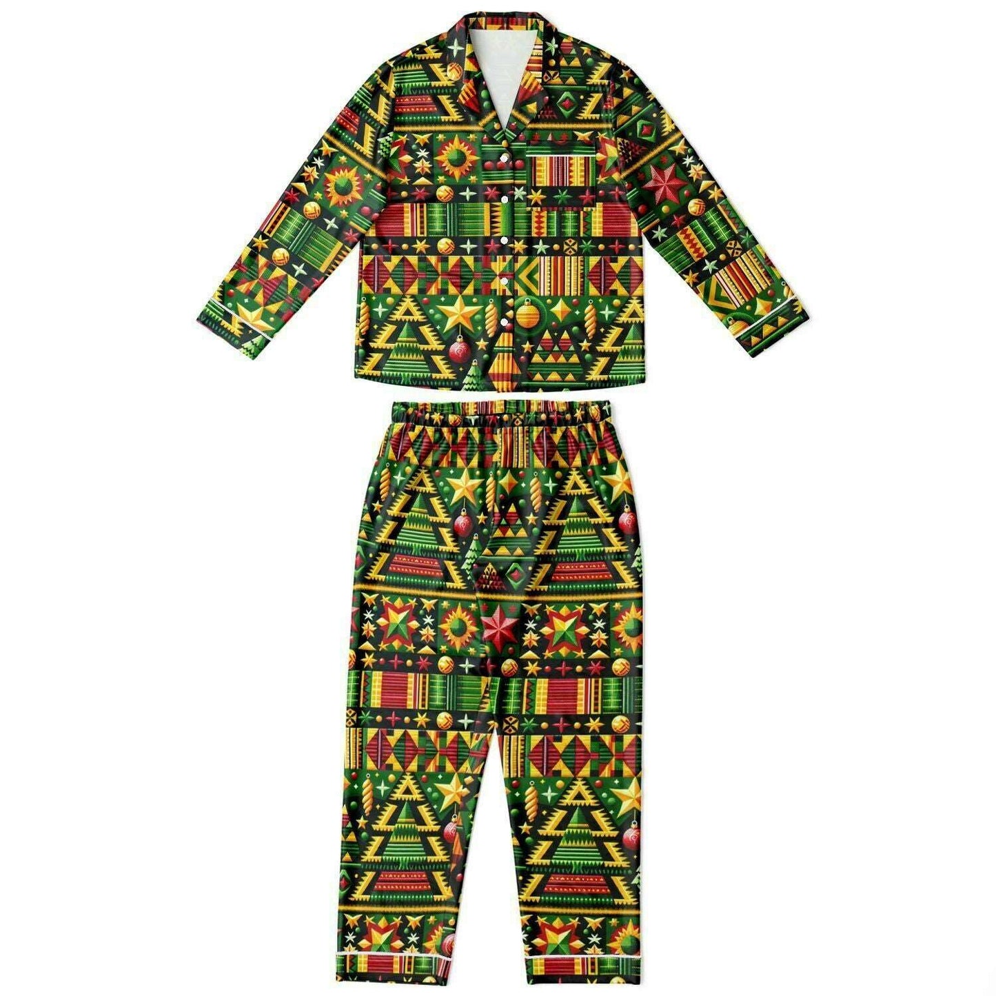 African Kente Cloth Christmas Print Women's Satin Pajamas, Kente Print Women's Fashion