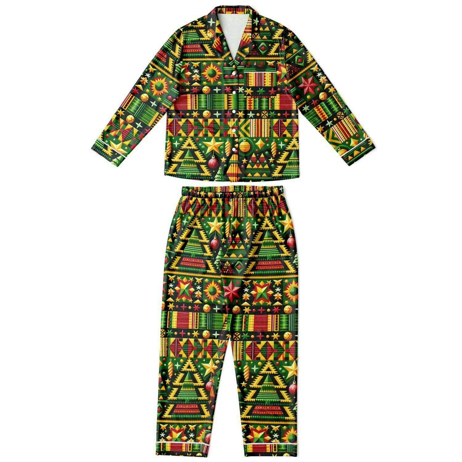 African Kente Cloth Christmas Print Women's Satin Pajamas, Kente Print Women's Fashion