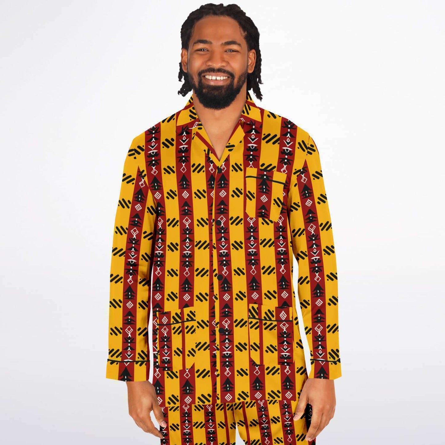 Cardinal & Gold College Colors Inspired Mens African Print Satin Pajama Set | Trojan Alum African Print Mens Sleepwear - Ships Free