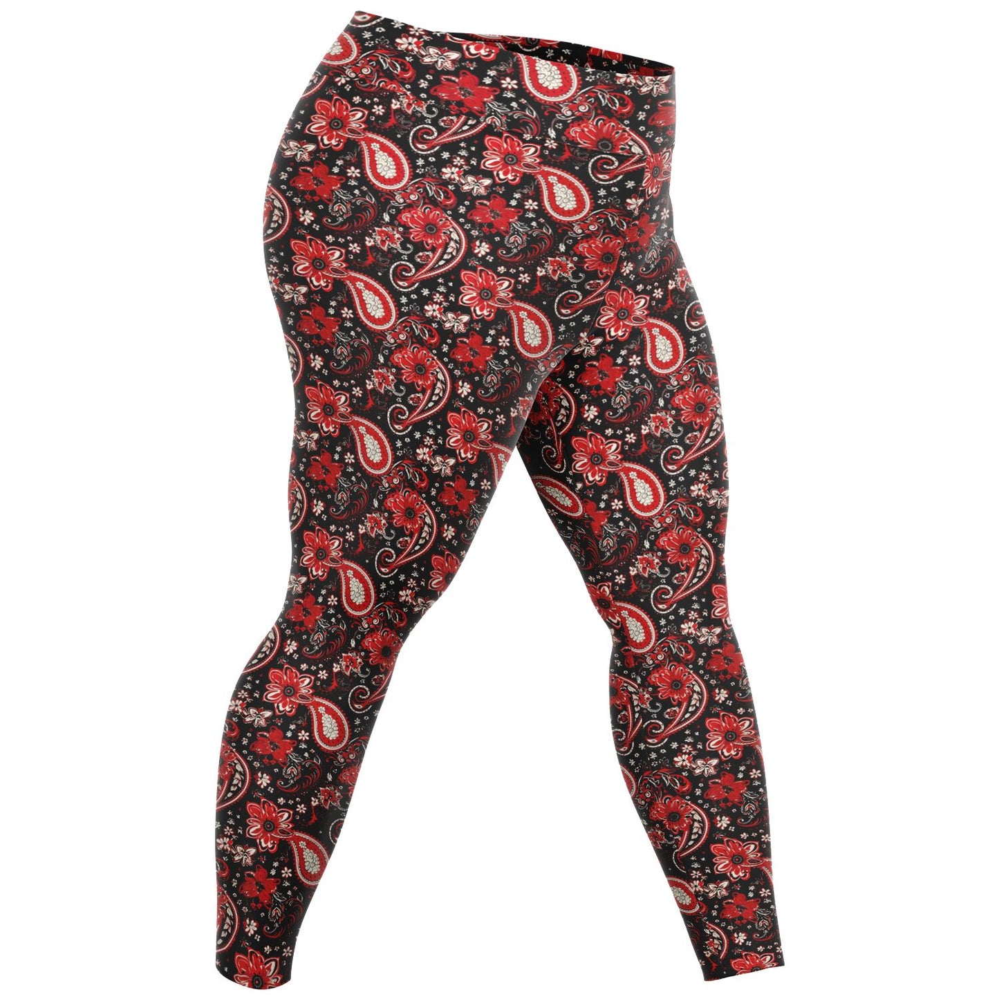 Red & Black Paisley Print Plus Size 2XL - 6XL Leggings, Red Bandana Print Curvy Yoga Pants