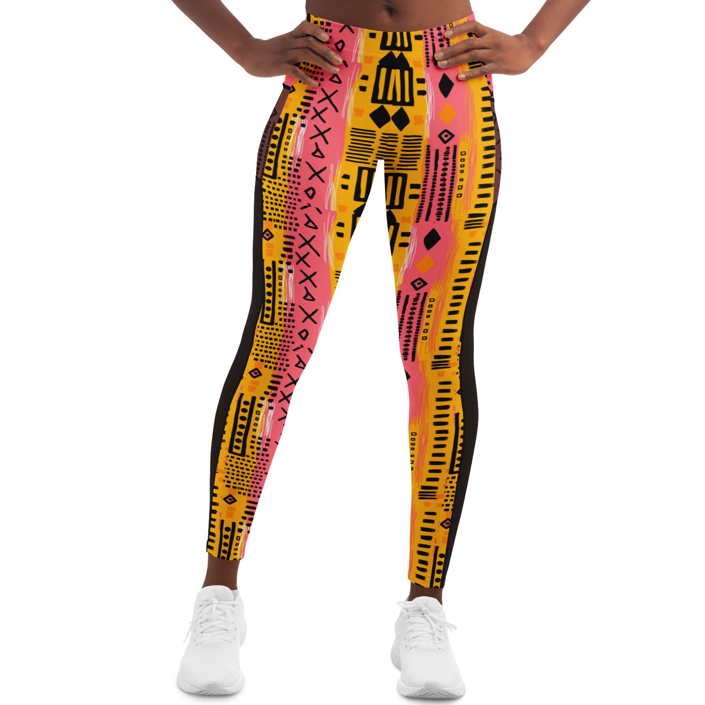 Sunset Sahara Colorful African MudCloth Print Mesh Women's Leggings, African Ankara Print Women's Work Out Wear