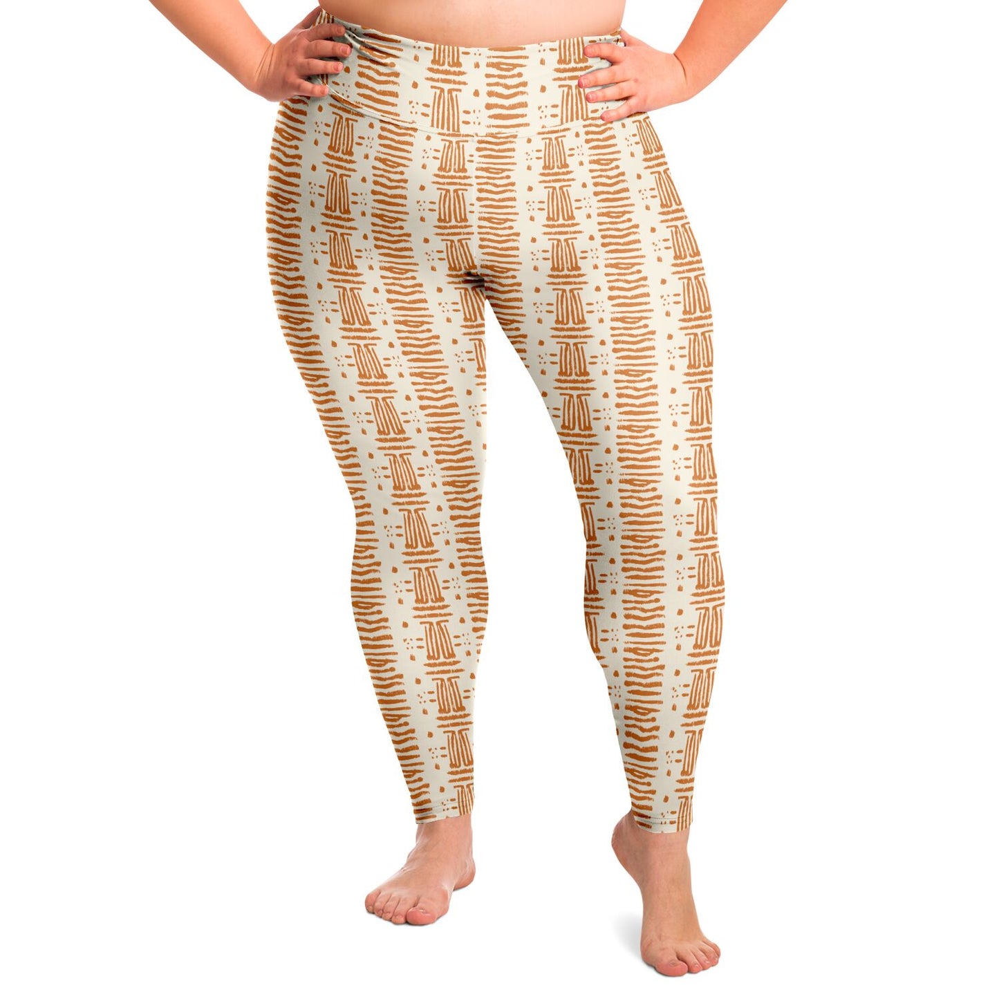 Rush & Cream Colored African Print Plus Size 2XL - 6XL Women's Leggings, Earth Tone Curvy African Print Activewear