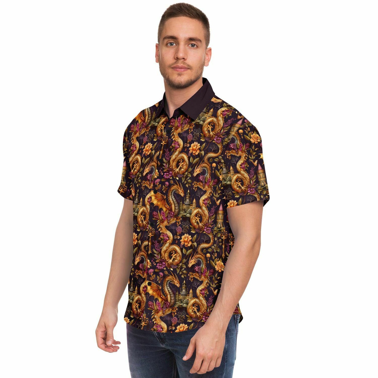 Fantasy-Themed Dragon Print Men's Short Sleeve Button Down Shirt, Gold and Purple Design