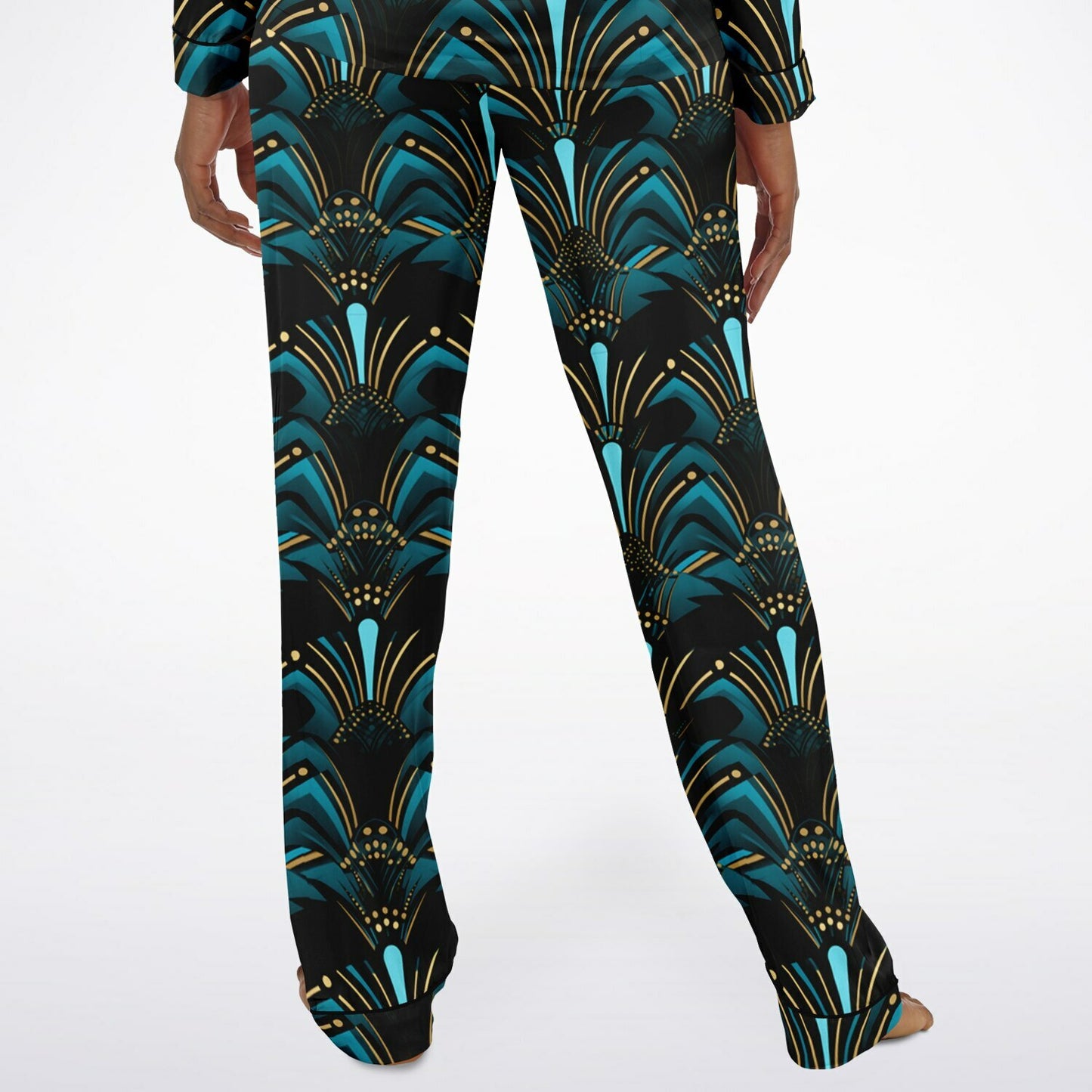 Zanzibar Blue & Ebony Black African Print Satin Pajama Set, Plus Size Nightwear for Women