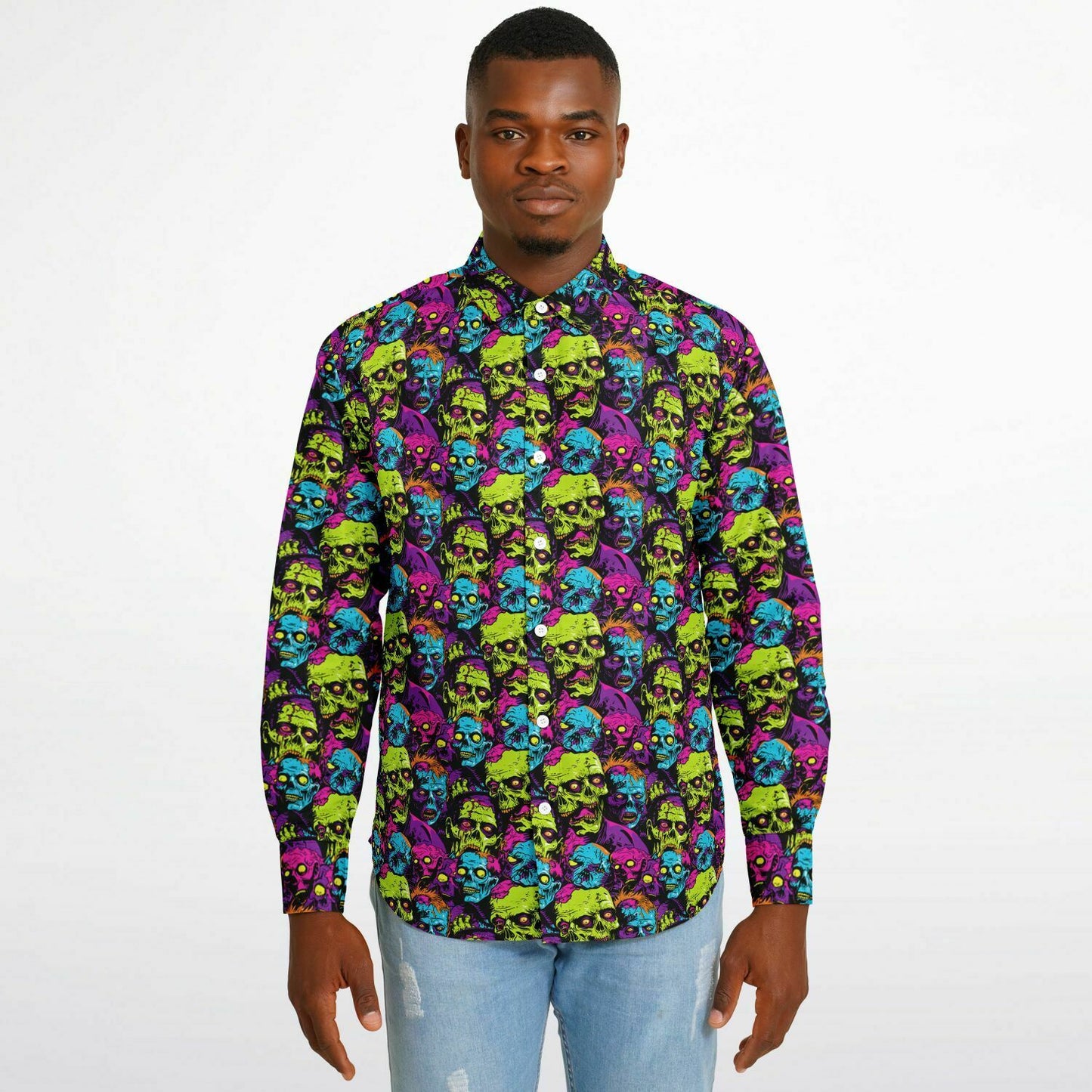 Bold Neon Zombie Horde Button Down Shirt, Comic Book Inspired Long Sleeve, Men’s Halloween Party Outfit