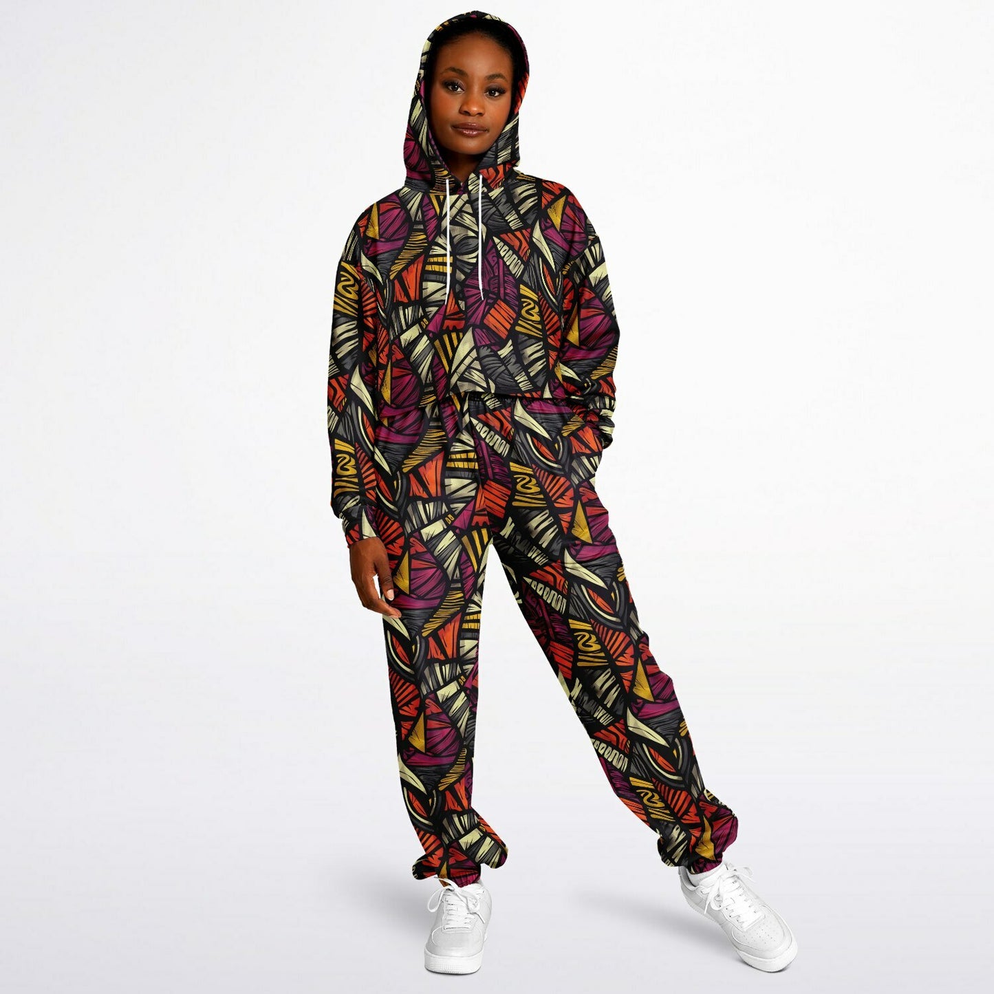 Women's African Kente Cloth Pattern Athletic Hoodie & Jogger Set , Urban Graffiti-Style Streetwear