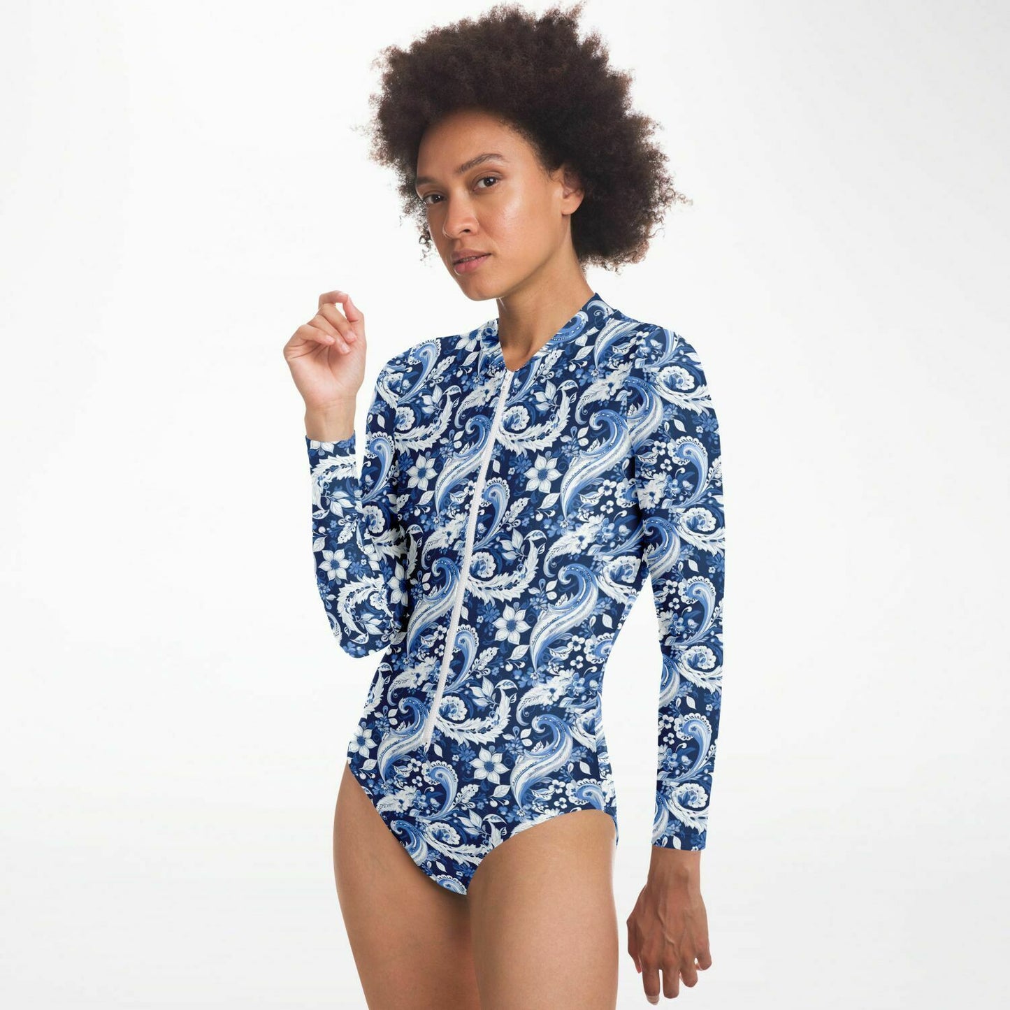 Blue & White Paisley Print Long Sleeve Bodysuit | Trendy UV protection Clothing | Paisley Print Women's Fashion | Bandana Print Bodysuit