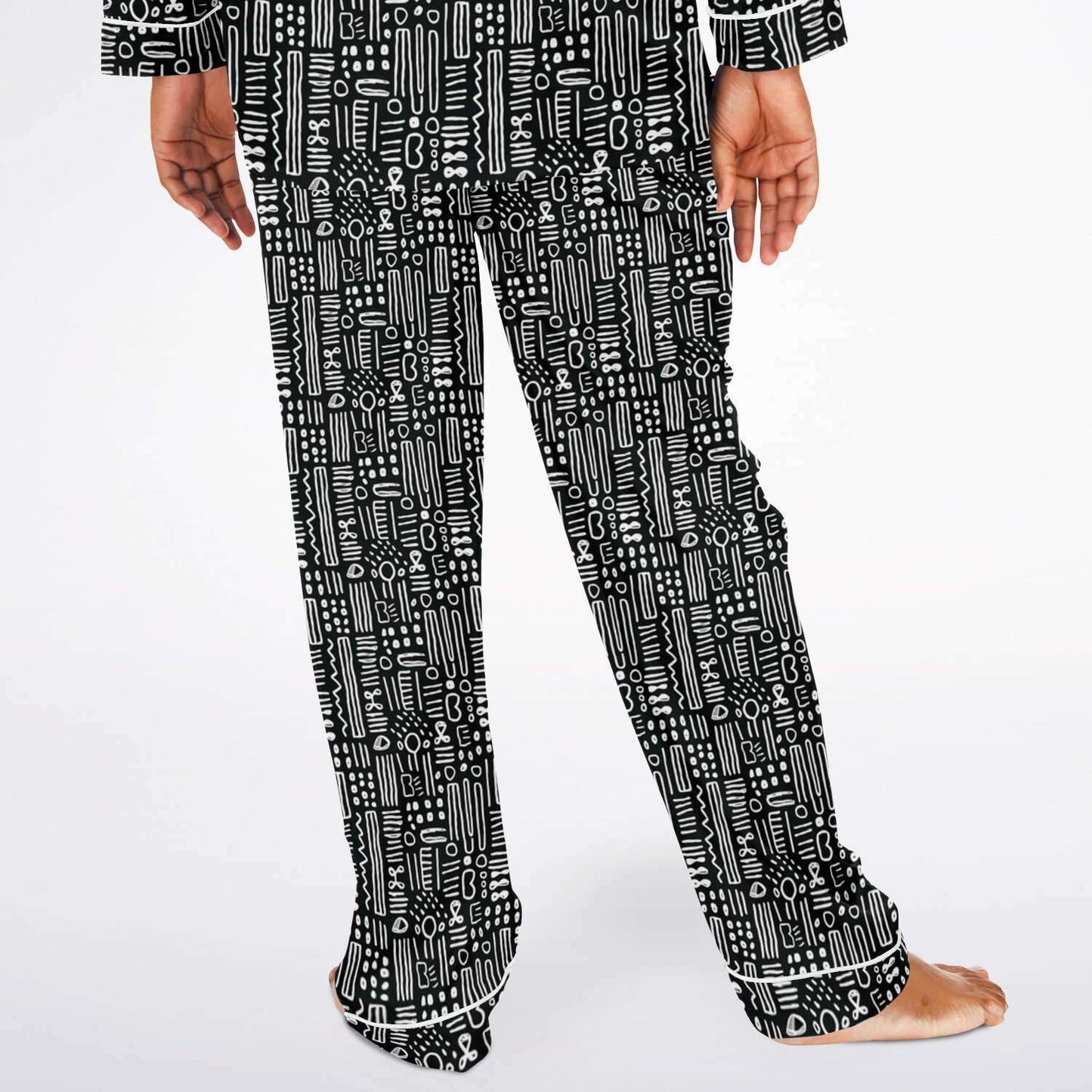 Black & White African Mud Cloth Men's Big and Tall Satin Pajama Set | Matching Tribal Print Family Pajamas