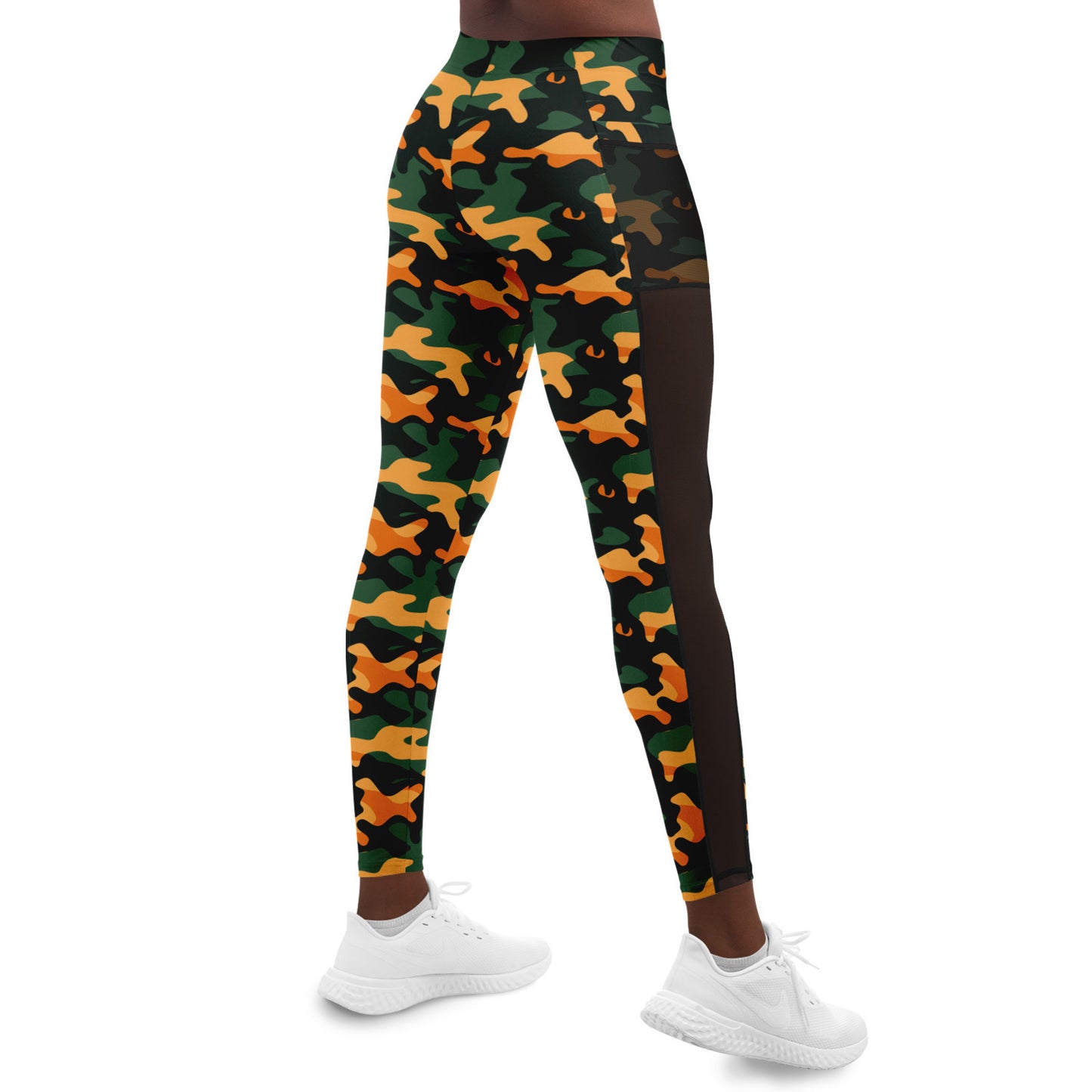 Urban Jungle Camo Women's Mesh Pocket Leggings - Trendy Orange and Green Workout Gear