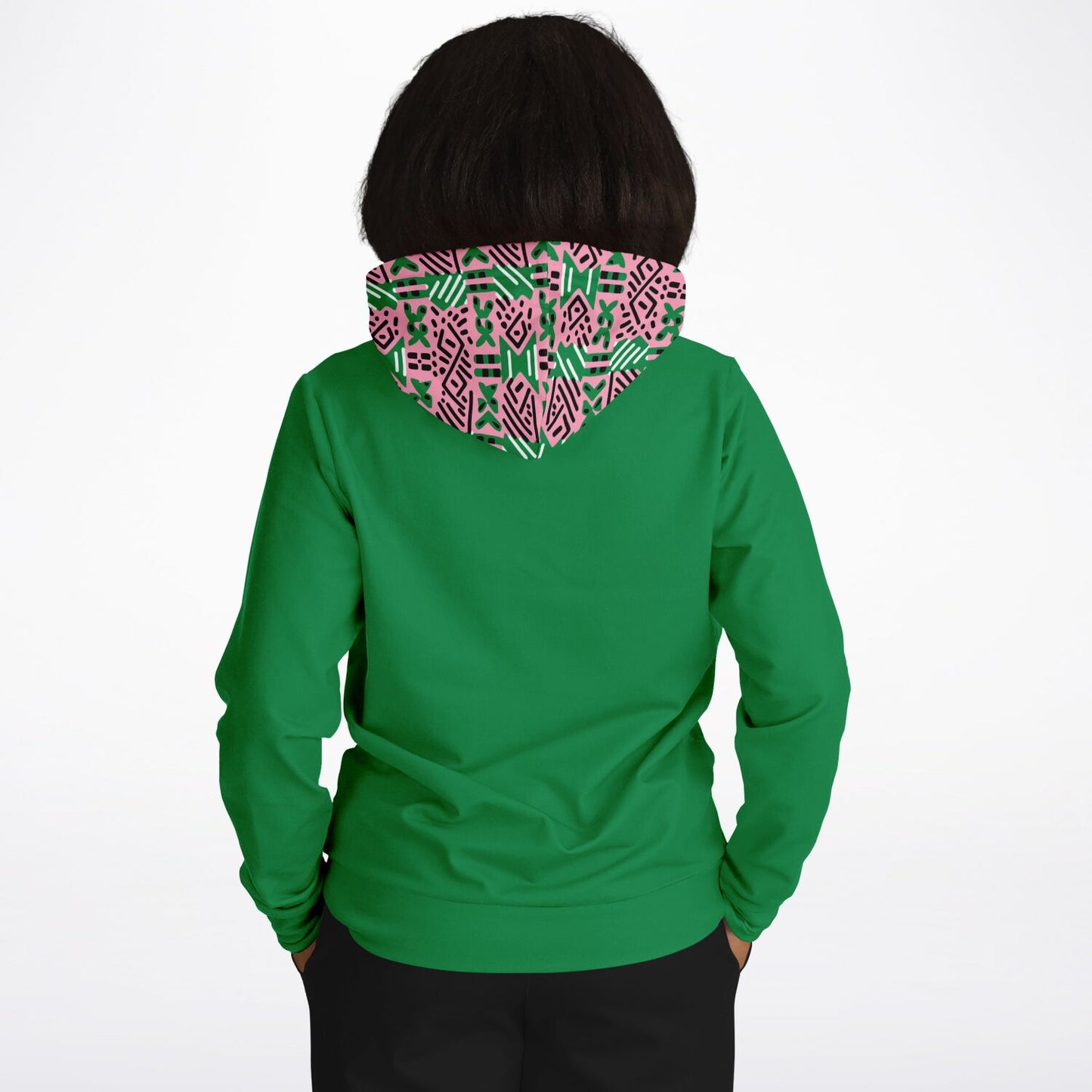 AKA Pink & Green Sorority Inspired African MudCloth Color Block Print Women's Athletic Hoodie, College Sorority Gift