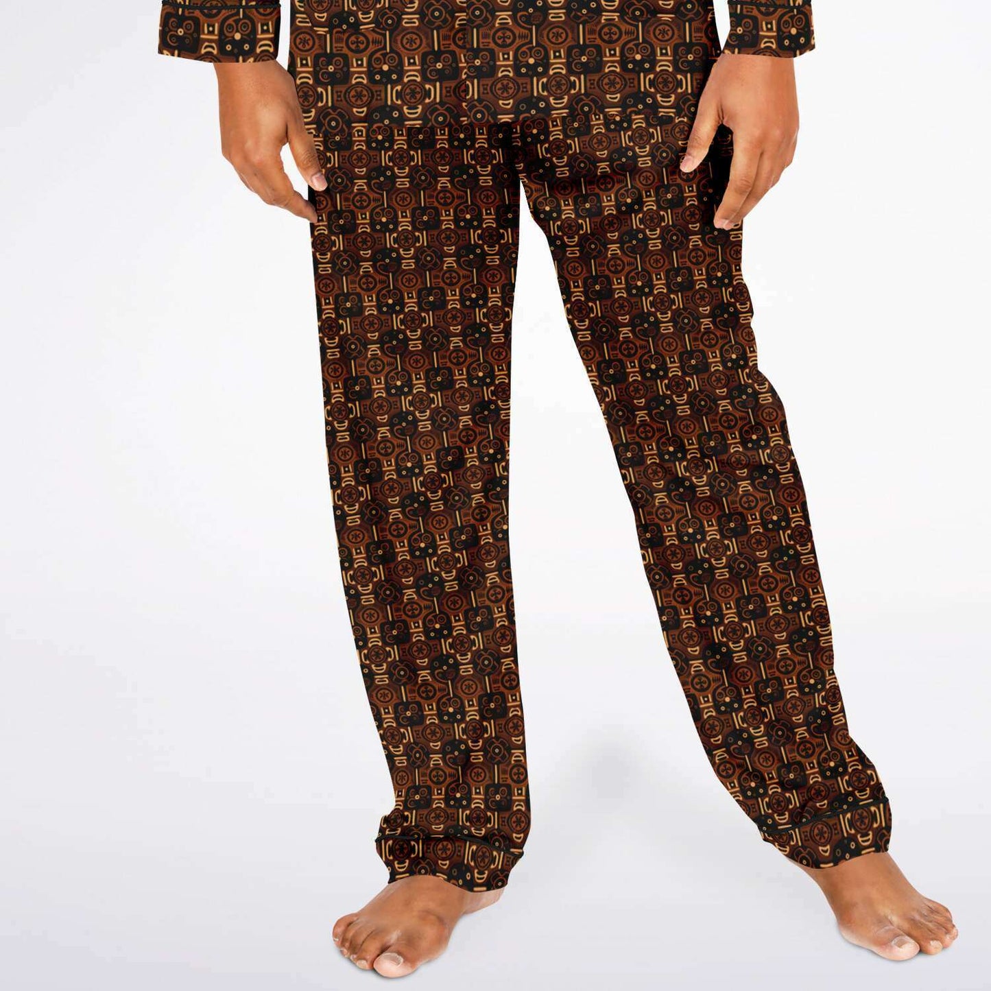 Brown African Wax Print  Men's Satin Pajama Set | Adinkra Symbols African Print' Big & Tall Satin Cozy Men's Loungewear