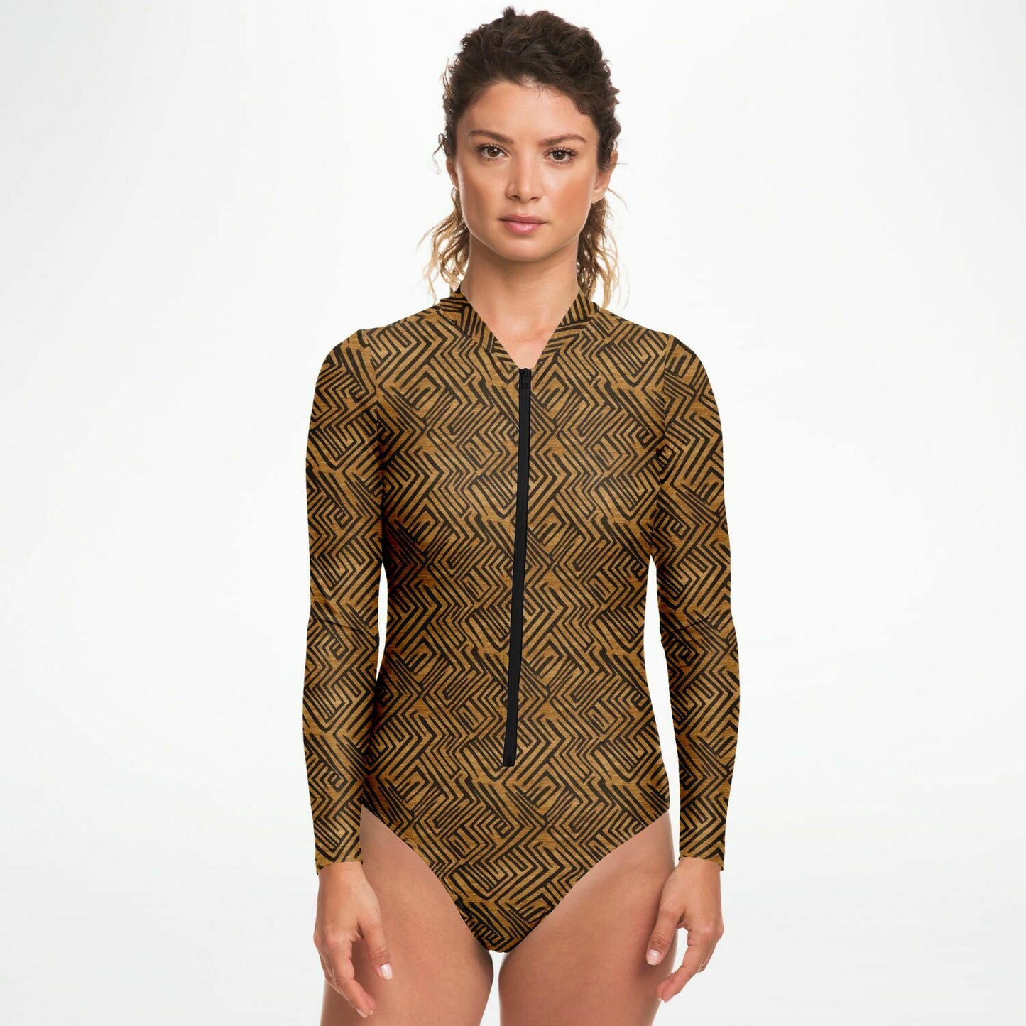 Brown & Black African Mud Cloth Women's Long Sleeve Bodysuit | African-Inspired Fashion | Comfortable African Print Activewear - Ships Free