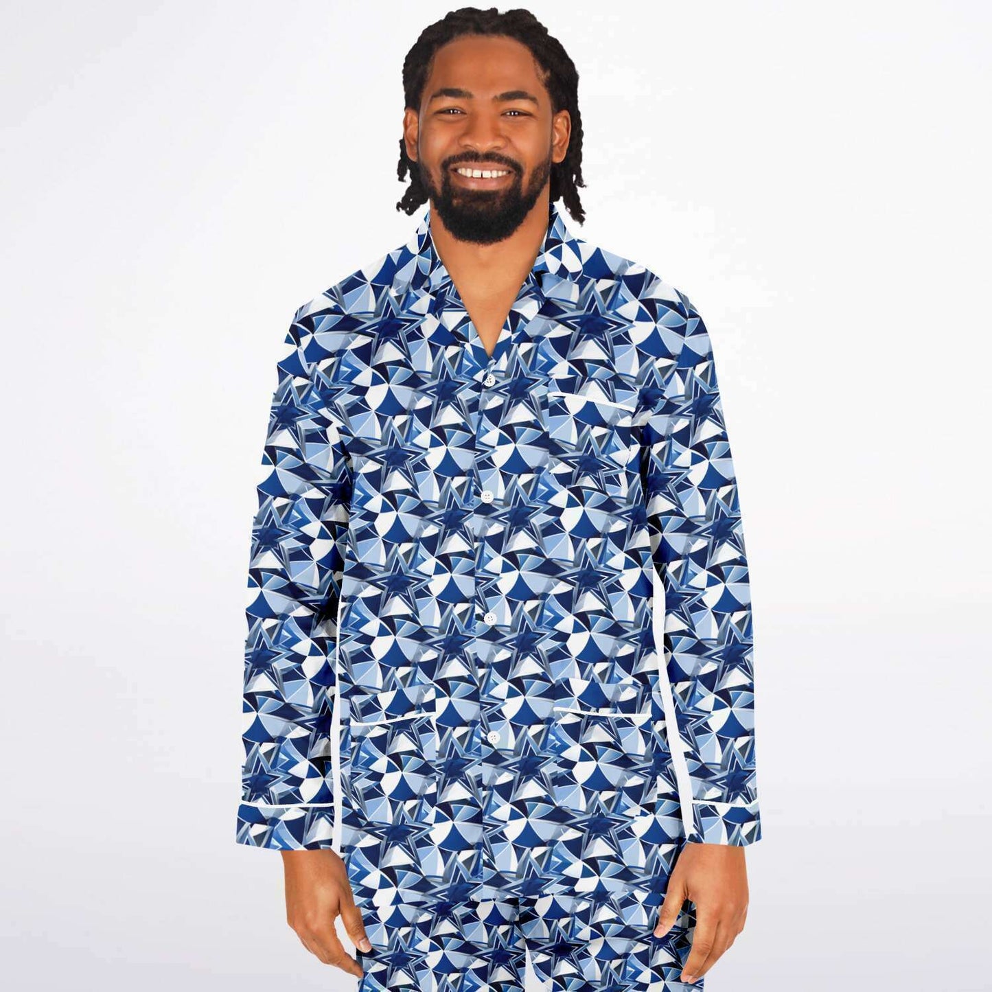 Football Fan Men's Royal Blue and White Satin Pajama Set | Mens Luxury Comfortable Sleepwear | Football Fanatic PJ's - Ships Free