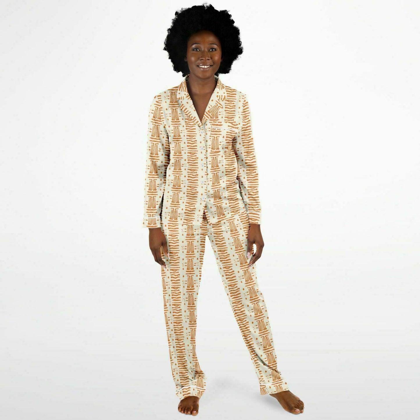 Women's Rust & Cream Mud Cloth Satin Pajama Set, African Print Luxury Sleepwear