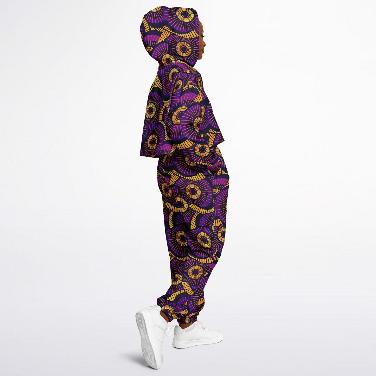 Purple and Gold Women's African Wax Print Tracksuit, Afrocentric Hoodie & Sweatpants