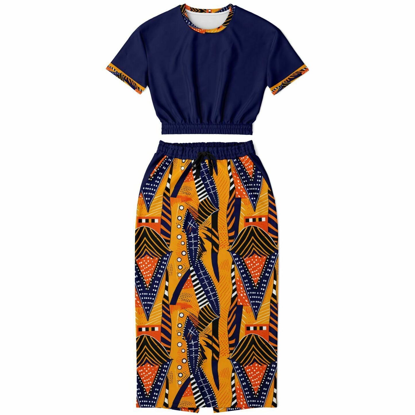 African Print & Midnight Blue Color Block Women's Cropped Sweatshirt and Skirt Set, African Print Fashion For Women