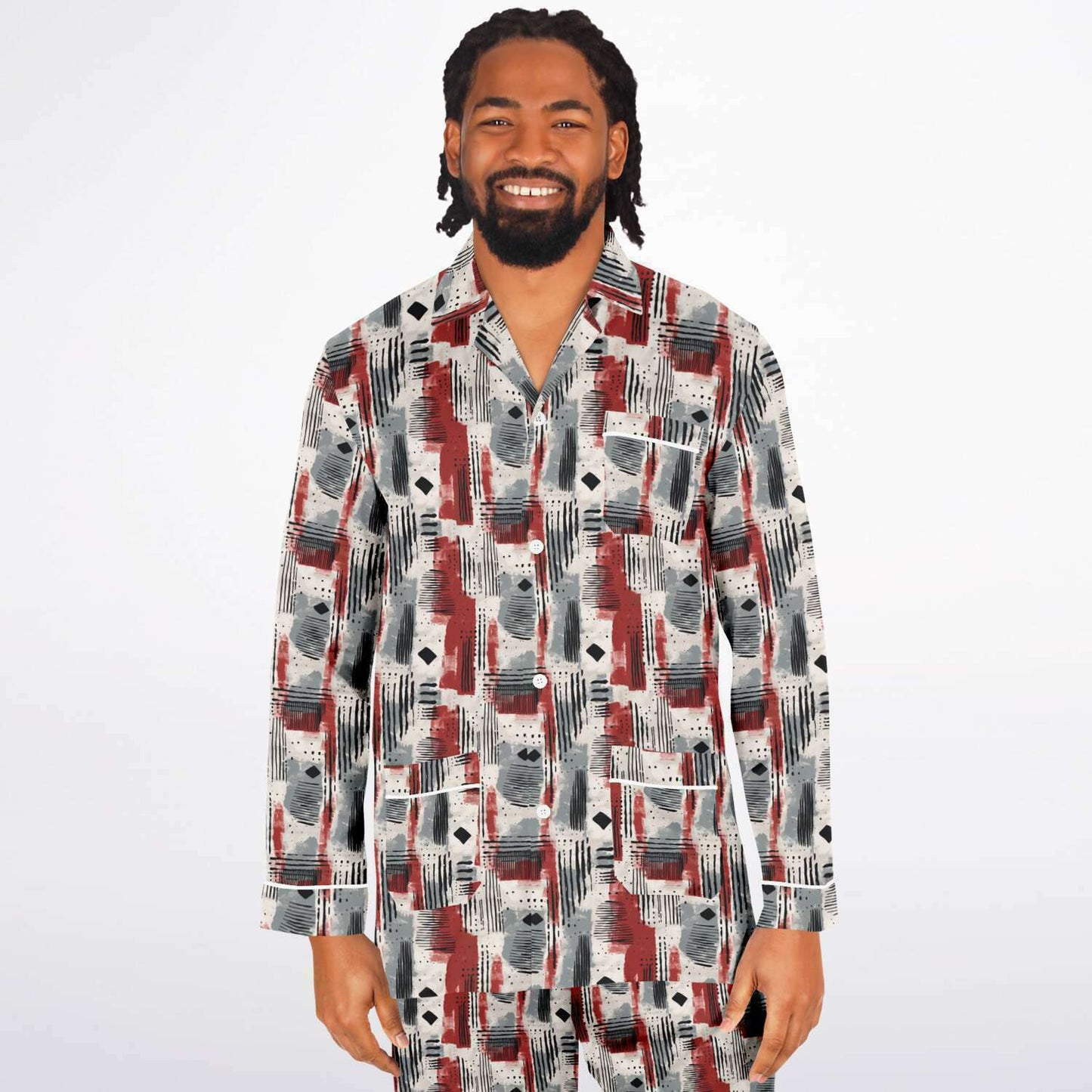 African Kente Print Men's Satin Pajama Set,  Big & Tall Satin Men's African Print Cozy Men's Loungewear