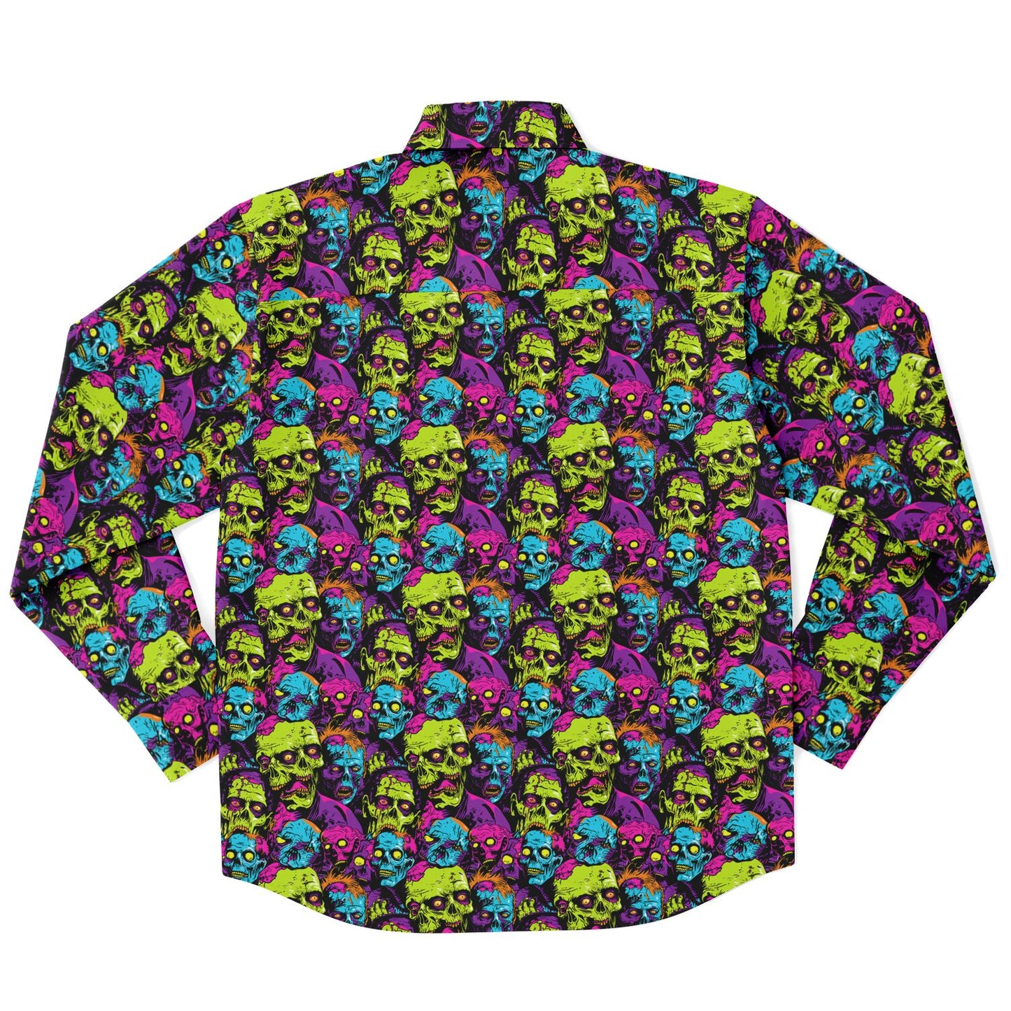 Bold Neon Zombie Horde Button Down Shirt, Comic Book Inspired Long Sleeve, Men’s Halloween Party Outfit