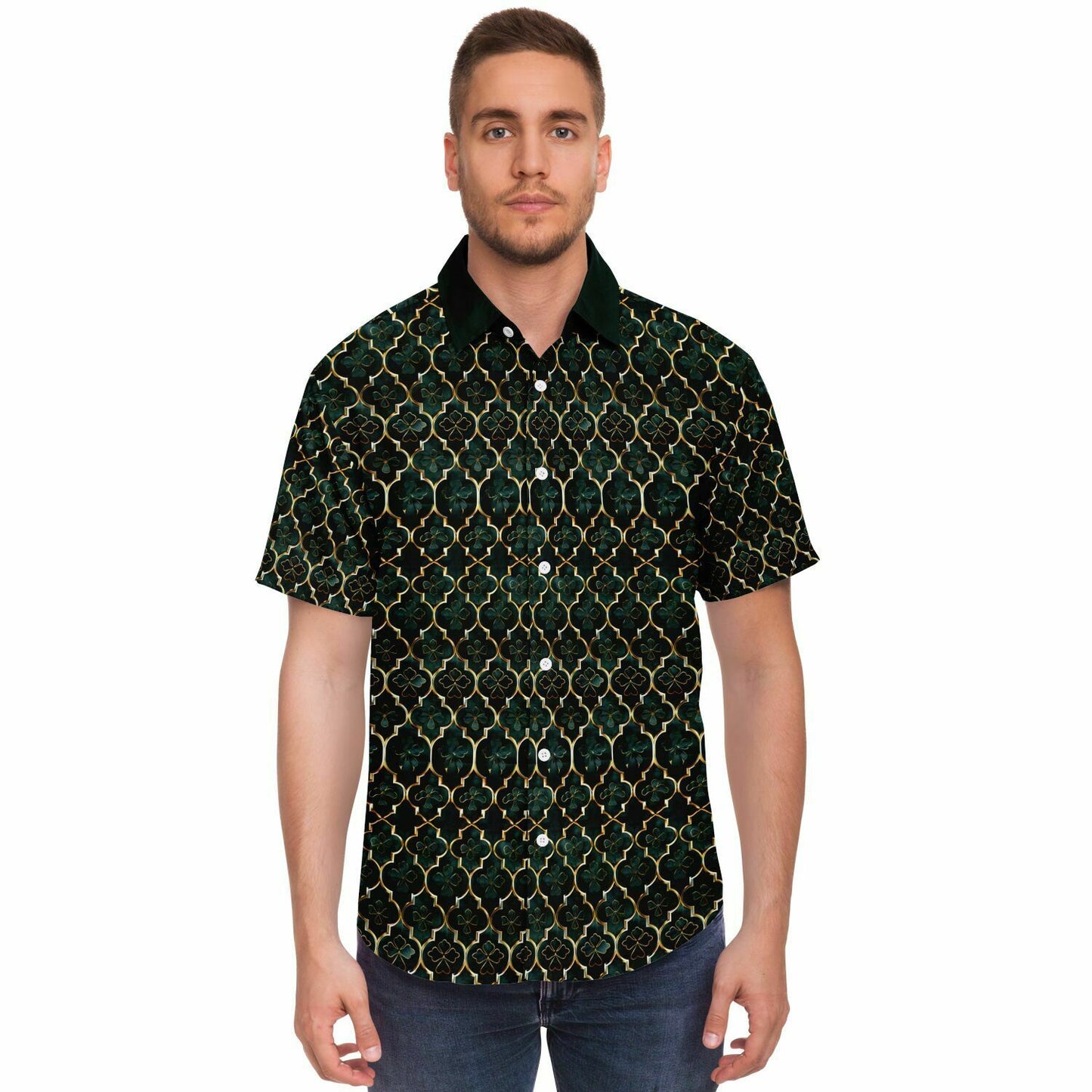 Emerald Elegance: Clover Mosaic Short Sleeve Button Down Shirt, Irish Themed Mens Patterned Dress Shirt