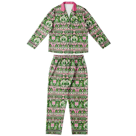 AKA Sorority Pink and Green Women's Satin Pajamas, AKA Themed Women's Holiday Themed 2 Piece Pajamas