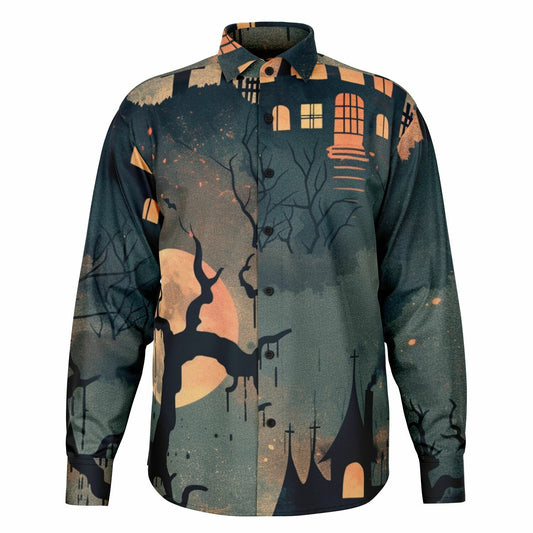 Men's Halloween Long Sleeve Button Down Shirt - Spooky All Over Print, Versatile & Comfortable