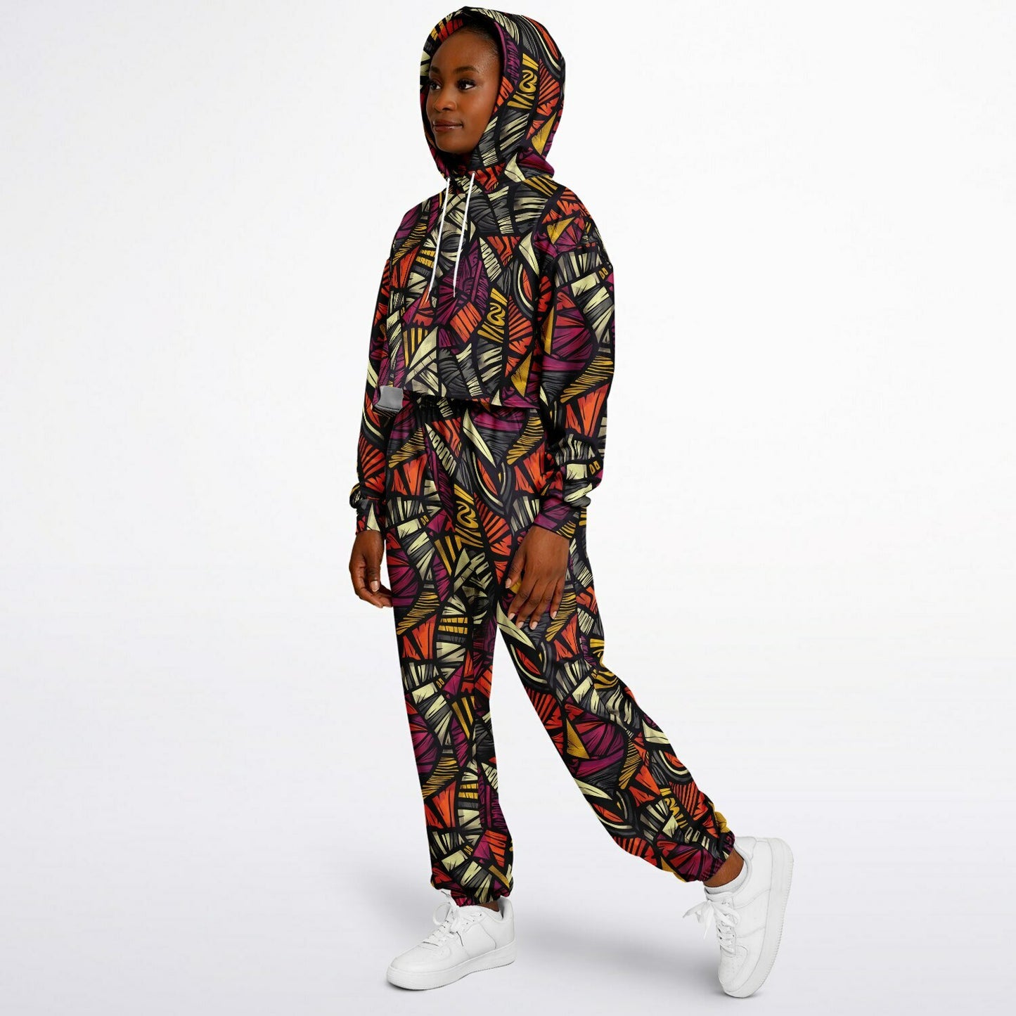 Women's African Kente Cloth Pattern Athletic Hoodie & Jogger Set , Urban Graffiti-Style Streetwear