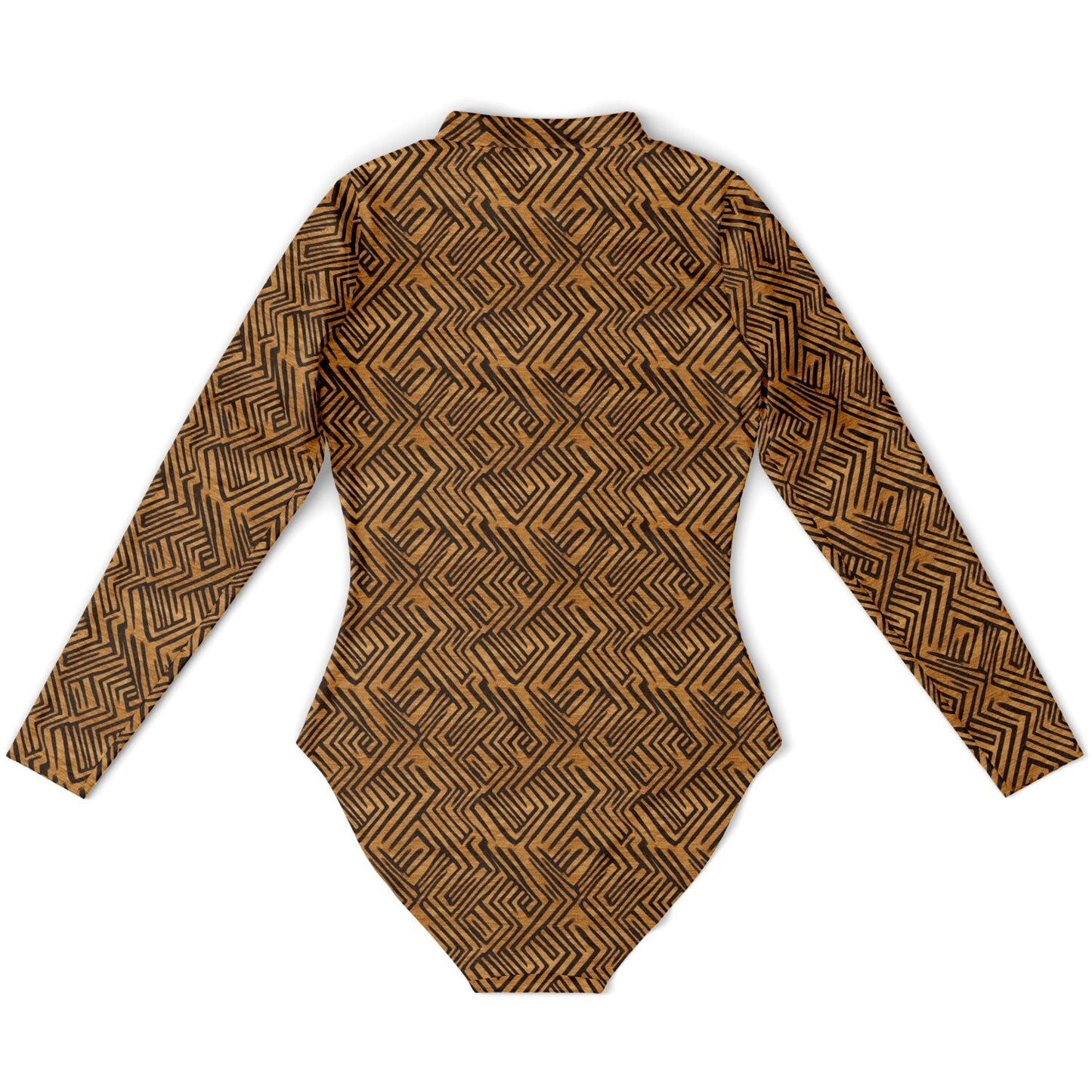 Brown & Black African Mud Cloth Women's Long Sleeve Bodysuit | African-Inspired Fashion | Comfortable African Print Activewear - Ships Free