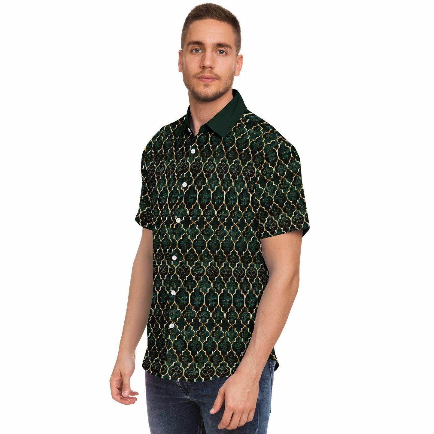 Emerald Elegance: Clover Mosaic Short Sleeve Button Down Shirt, Irish Themed Mens Patterned Dress Shirt