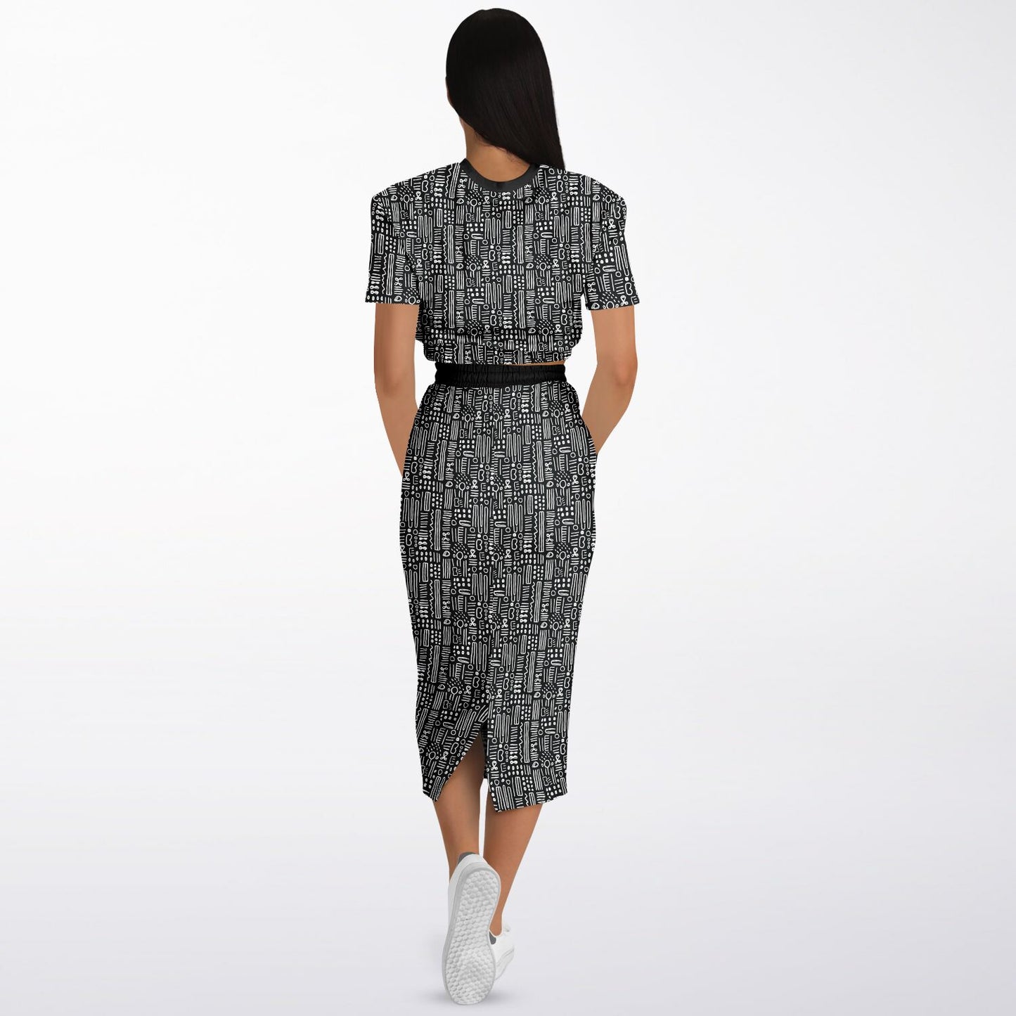 Black & White African Mud Cloth Cropped Sweatshirt & Long Skirt Set, Minimalist Ethnic Print Fashion