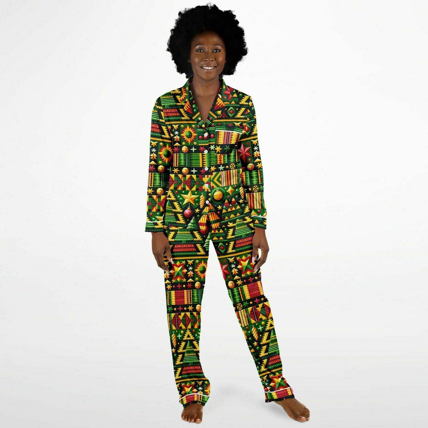 African Kente Cloth Christmas Print Women's Satin Pajamas, Kente Print Women's Fashion