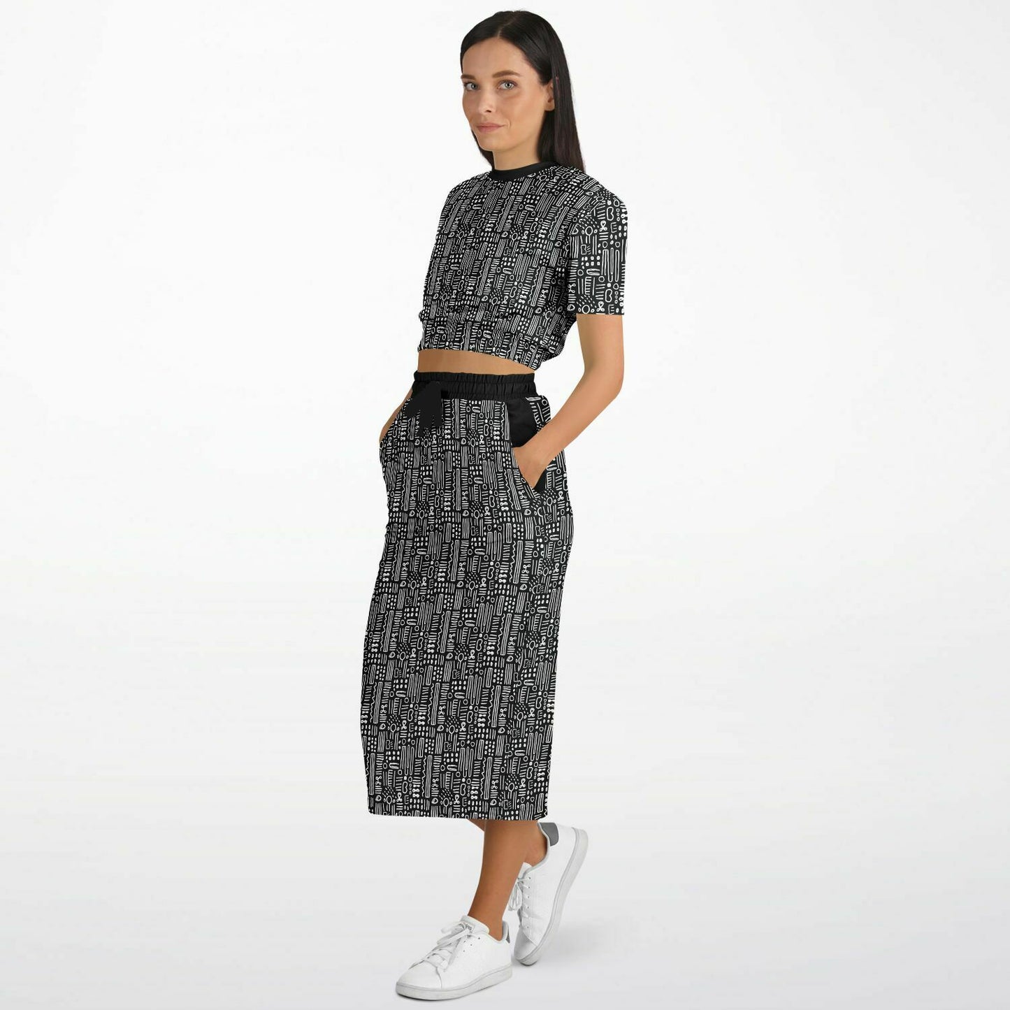 Black & White African Mud Cloth Cropped Sweatshirt & Long Skirt Set, Minimalist Ethnic Print Fashion