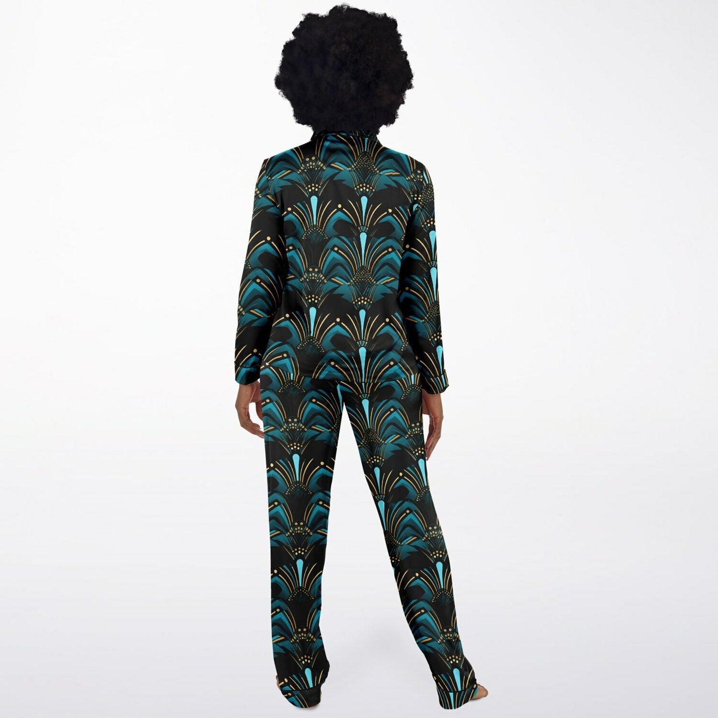 Zanzibar Blue & Ebony Black African Print Satin Pajama Set, Plus Size Nightwear for Women