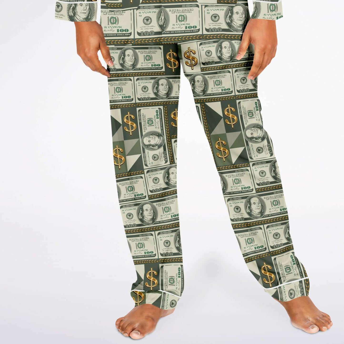 Money Manifestation Satin Luxury Pajamas for Men, Plus Size Money Print Mens Loungewear