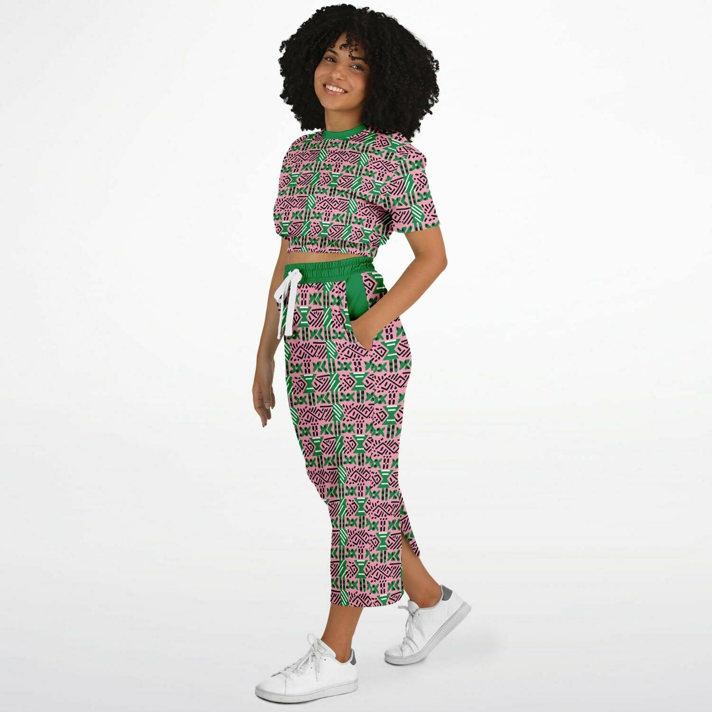 AKA Pink & Green Sorority Mud Cloth Print Skirt Set , Versatile Women's African Inspired Fashion