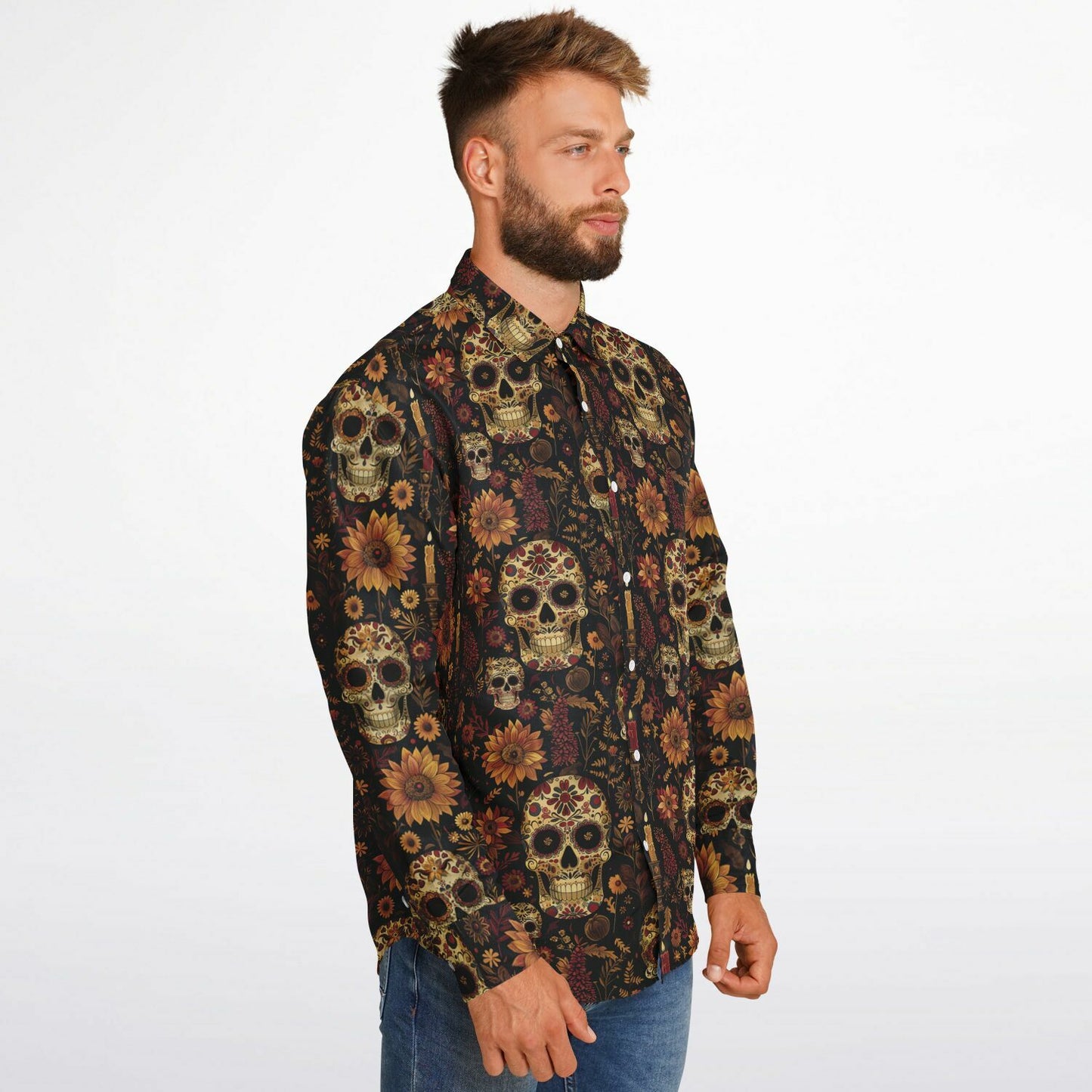 Men's Day of the Dead Long Sleeve Shirt, Afrocentric Skull Design Apparel