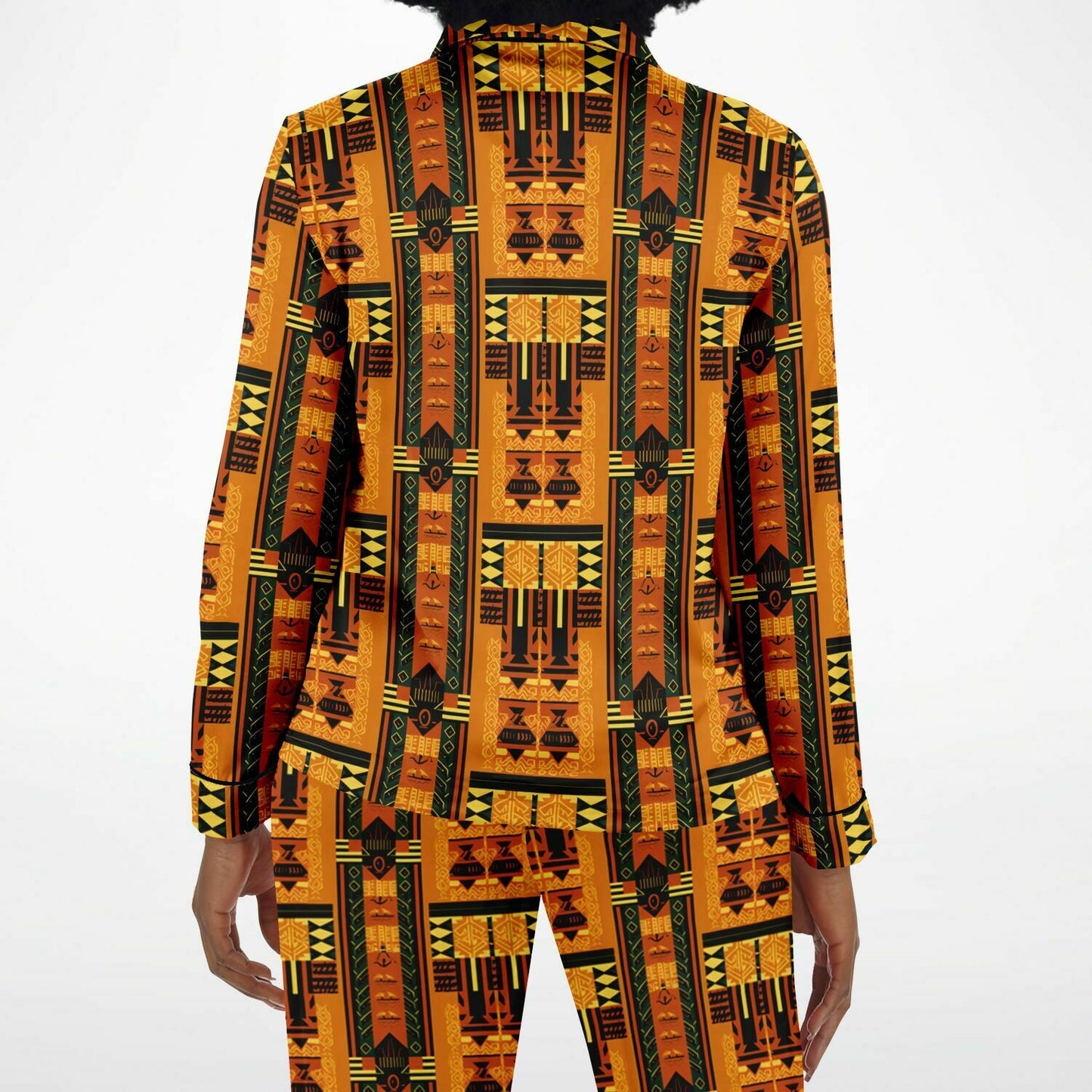 Golden Brown Afrofuturism African Print Women's Satin Pajama Set, Plus Size Luxury Nightwear