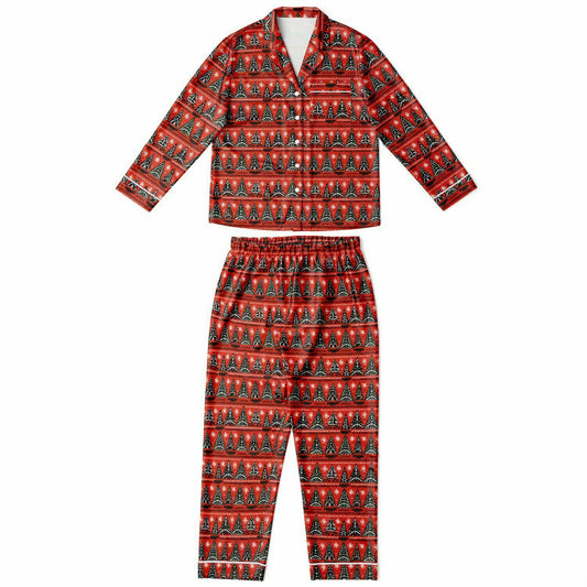 Women's African Print Christmas Tree Satin Pajama Set | African Print Luxury Sleepwear | Holiday Women's Pajama Set - Ships Free