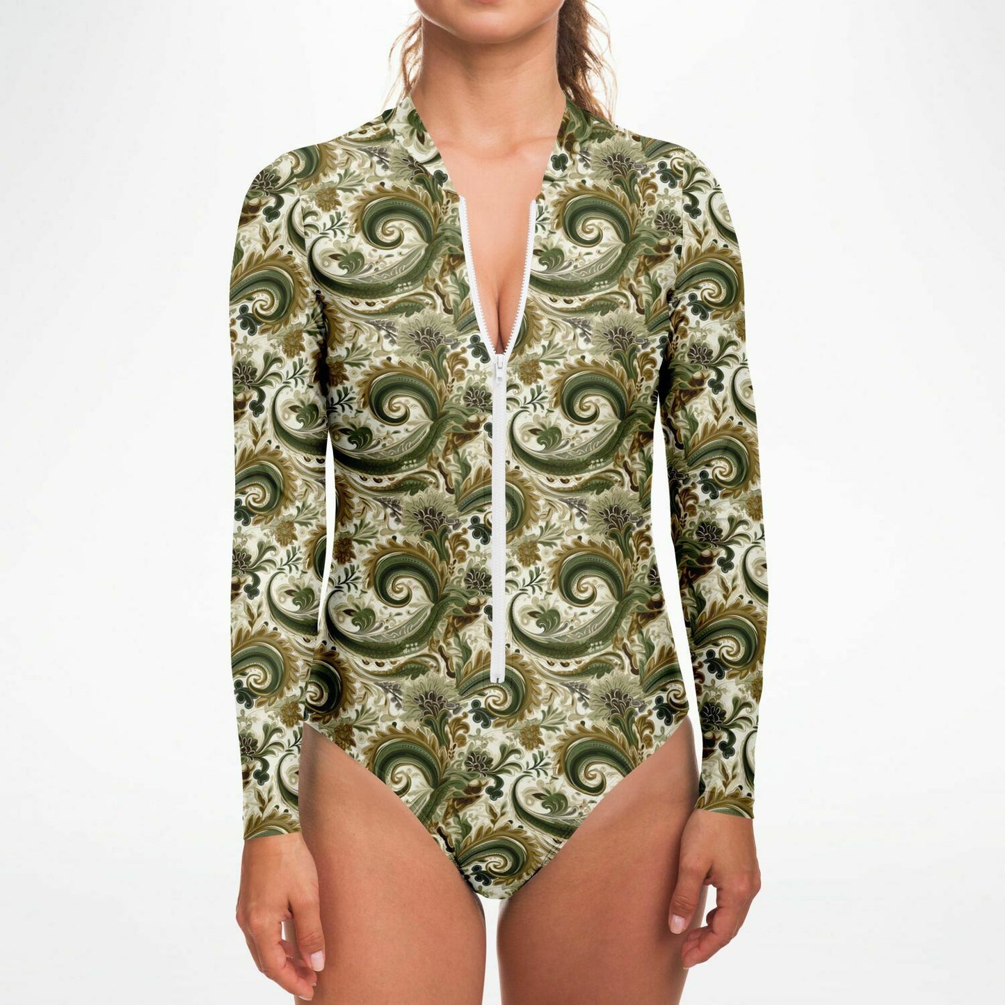 Green & Tan Paisley Print Long Sleeve Bodysuit | Trend Boho Chic Fashion | Paisley Print Women's Fashion | Bandana Print Bodysuit