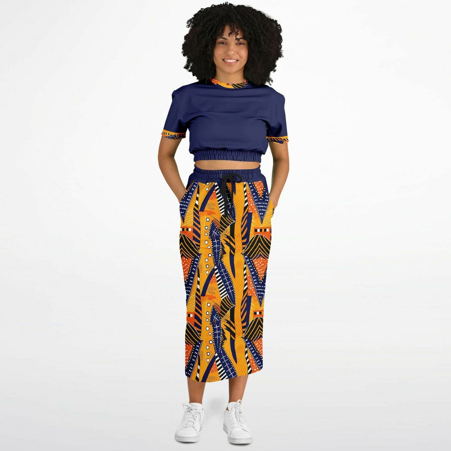 African Print & Midnight Blue Color Block Women's Cropped Sweatshirt and Skirt Set, African Print Fashion For Women