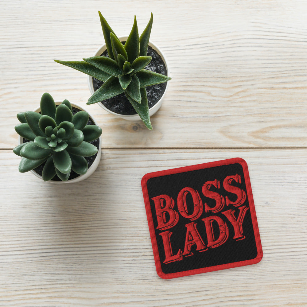 Boss Lady Embroidered Patch - Black Twill Fabric, Red Bold Letters